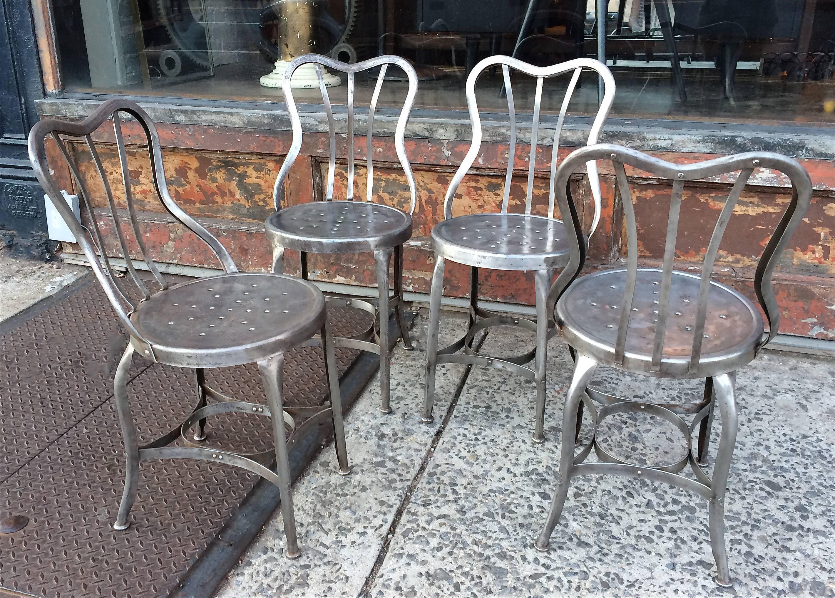 Pair Of Industrial Brushed Steel Toledo Café Chairs In Good Condition In Brooklyn, NY