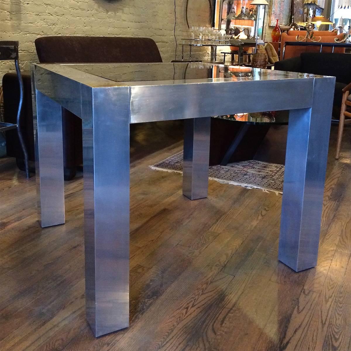 Modern Paul Evans Style Aluminum and Brass Parsons Card / Game Table In Good Condition In Brooklyn, NY