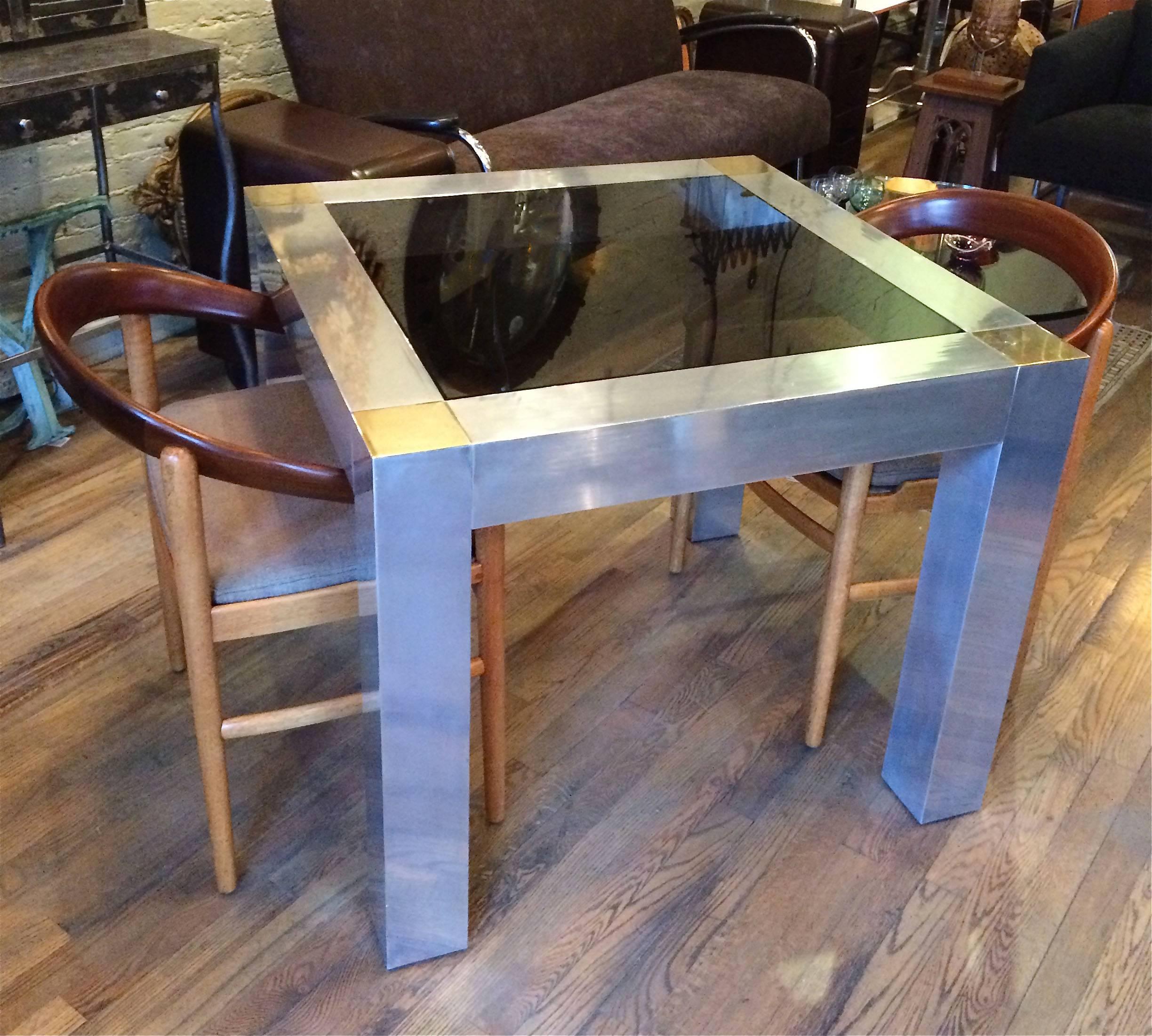 Late 20th Century Modern Paul Evans Style Aluminum and Brass Parsons Card / Game Table
