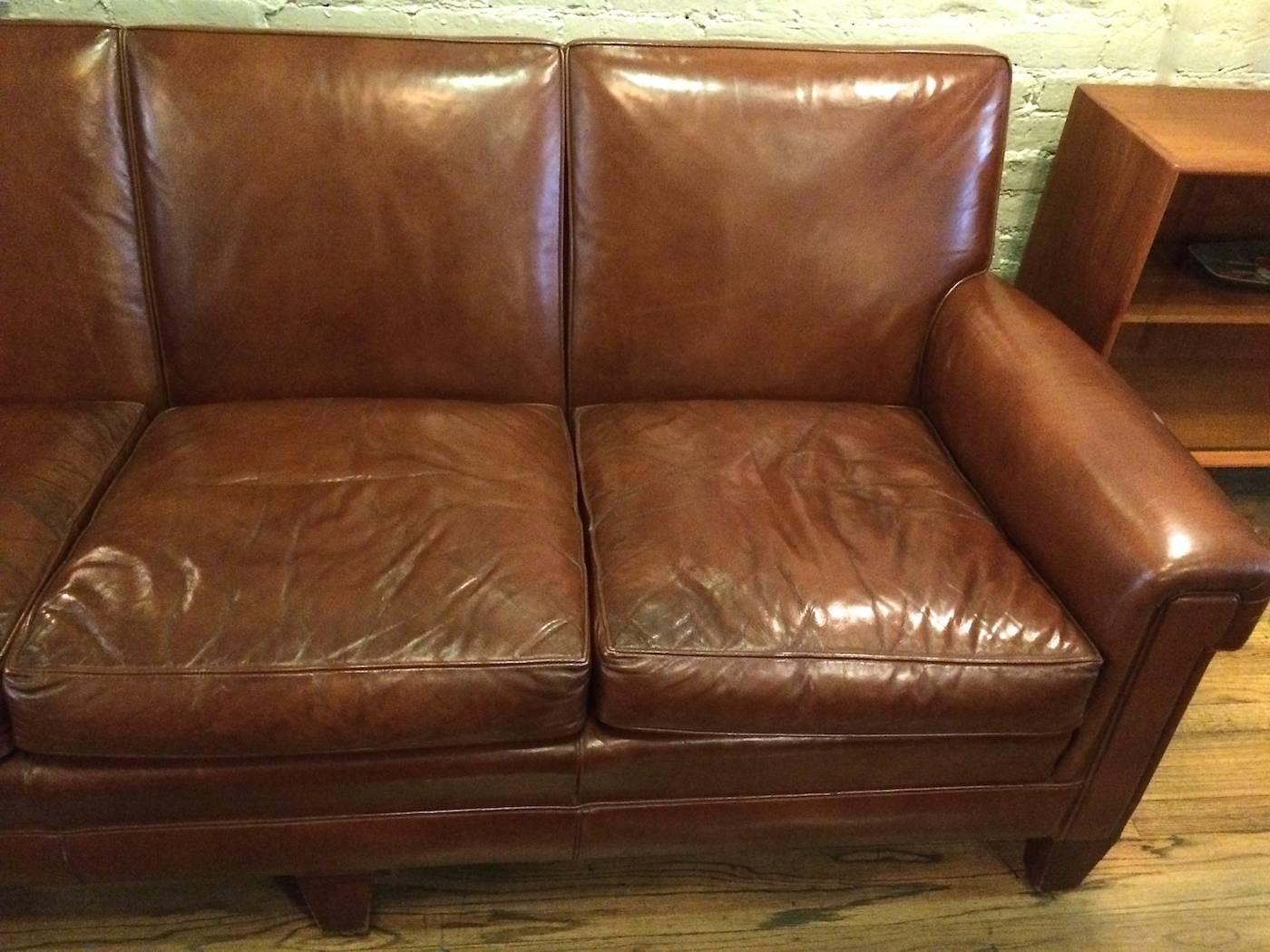 1940s Stately Leather Club Sofa by the Sikes Furniture Co In Good Condition In Brooklyn, NY