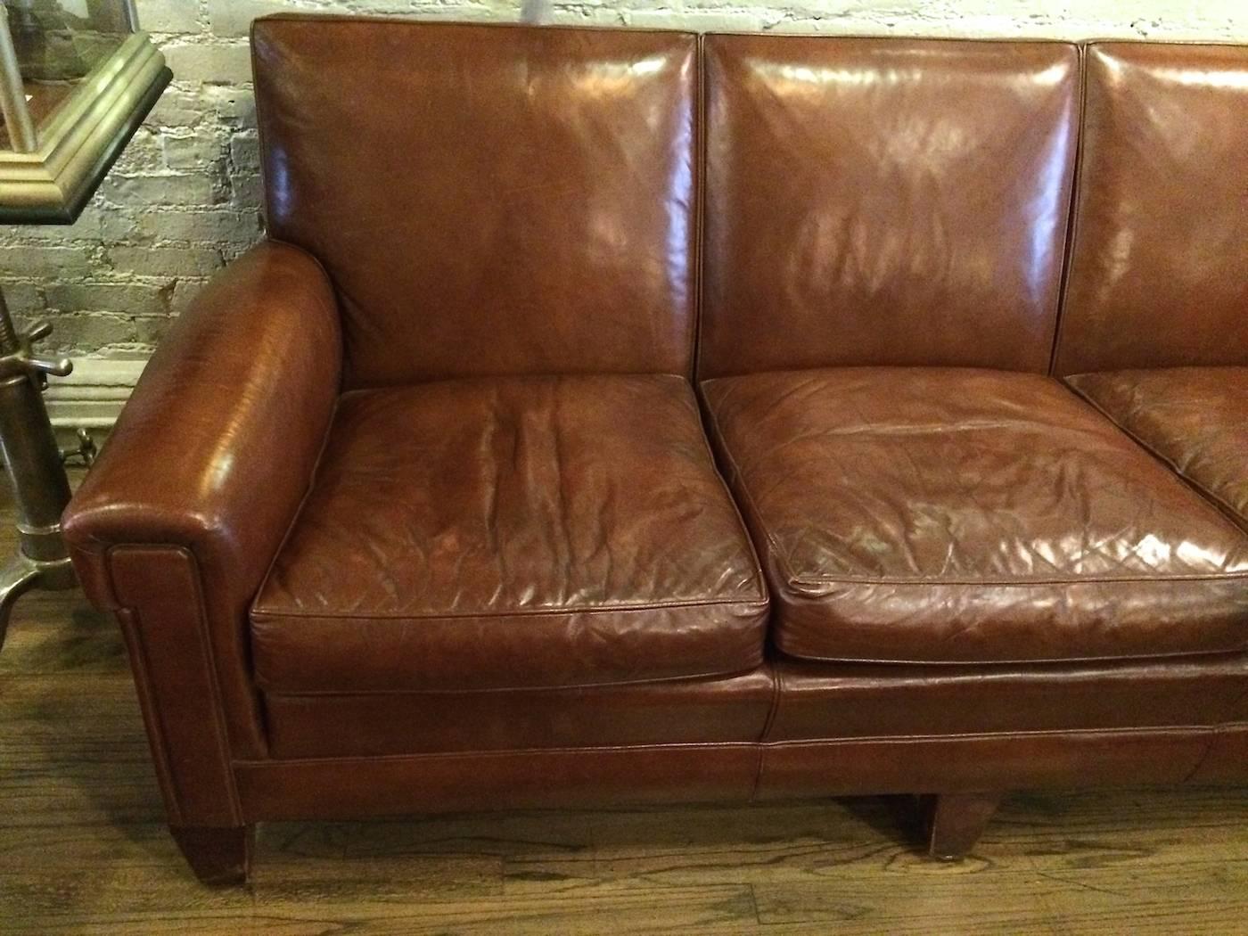 American 1940s Stately Leather Club Sofa by the Sikes Furniture Co