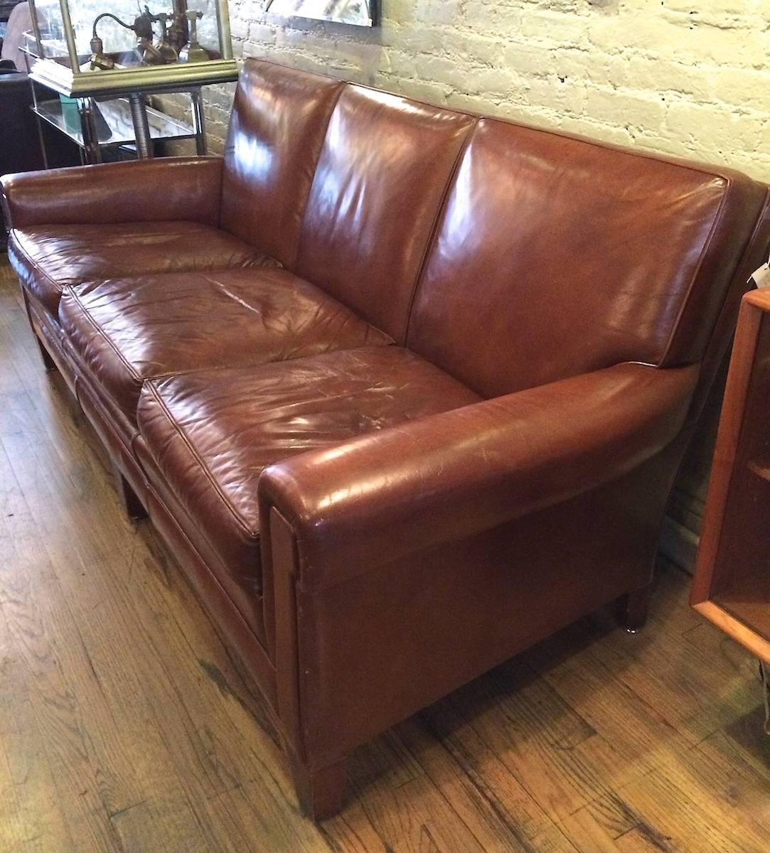 Mid-Century Modern 1940s Stately Leather Club Sofa by the Sikes Furniture Co