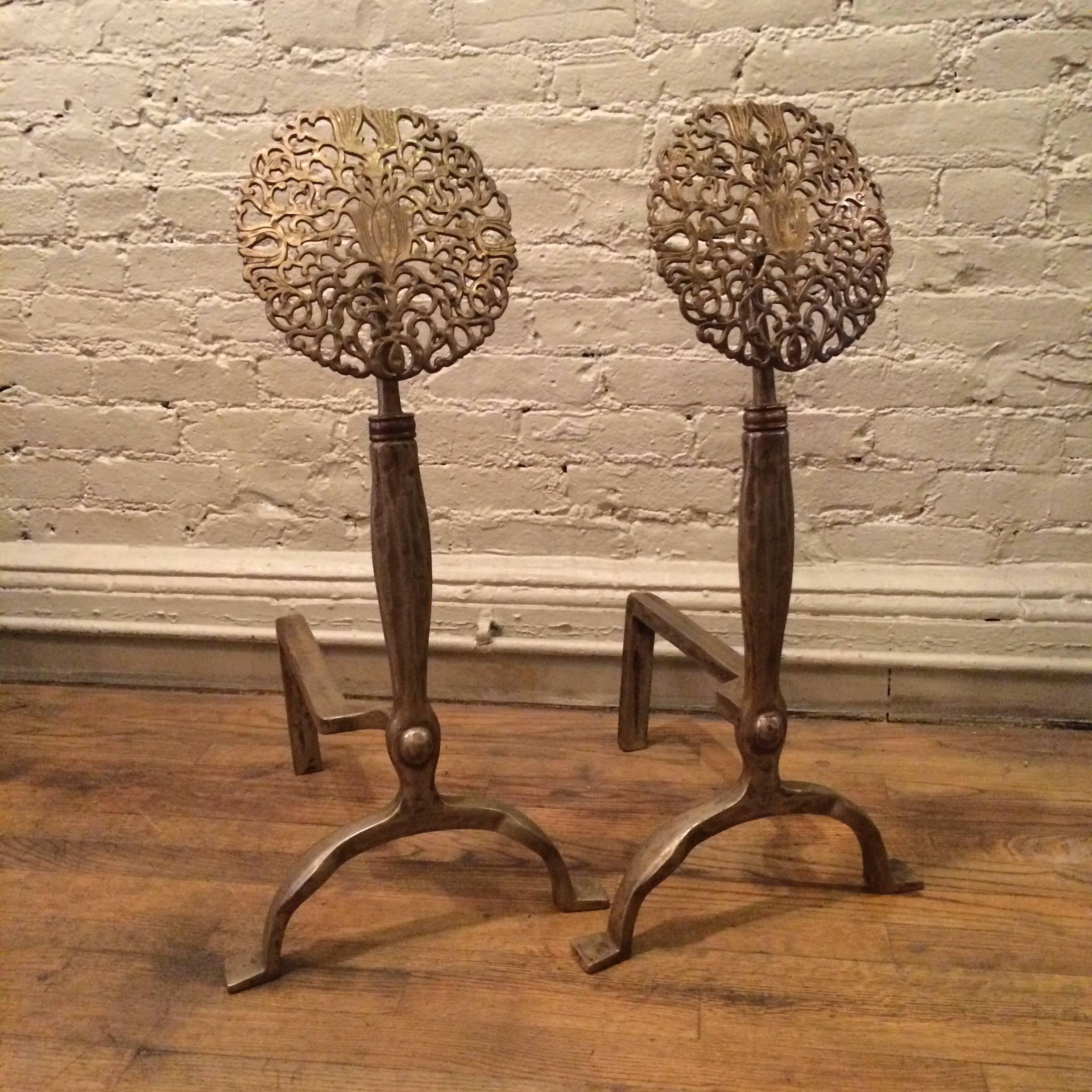 Pair of outstanding, Arts & Crafts, hand-forged, nickel-plated iron andirons with bronze blossom motifs in the style of Earnest Gimson, Cotwold School.