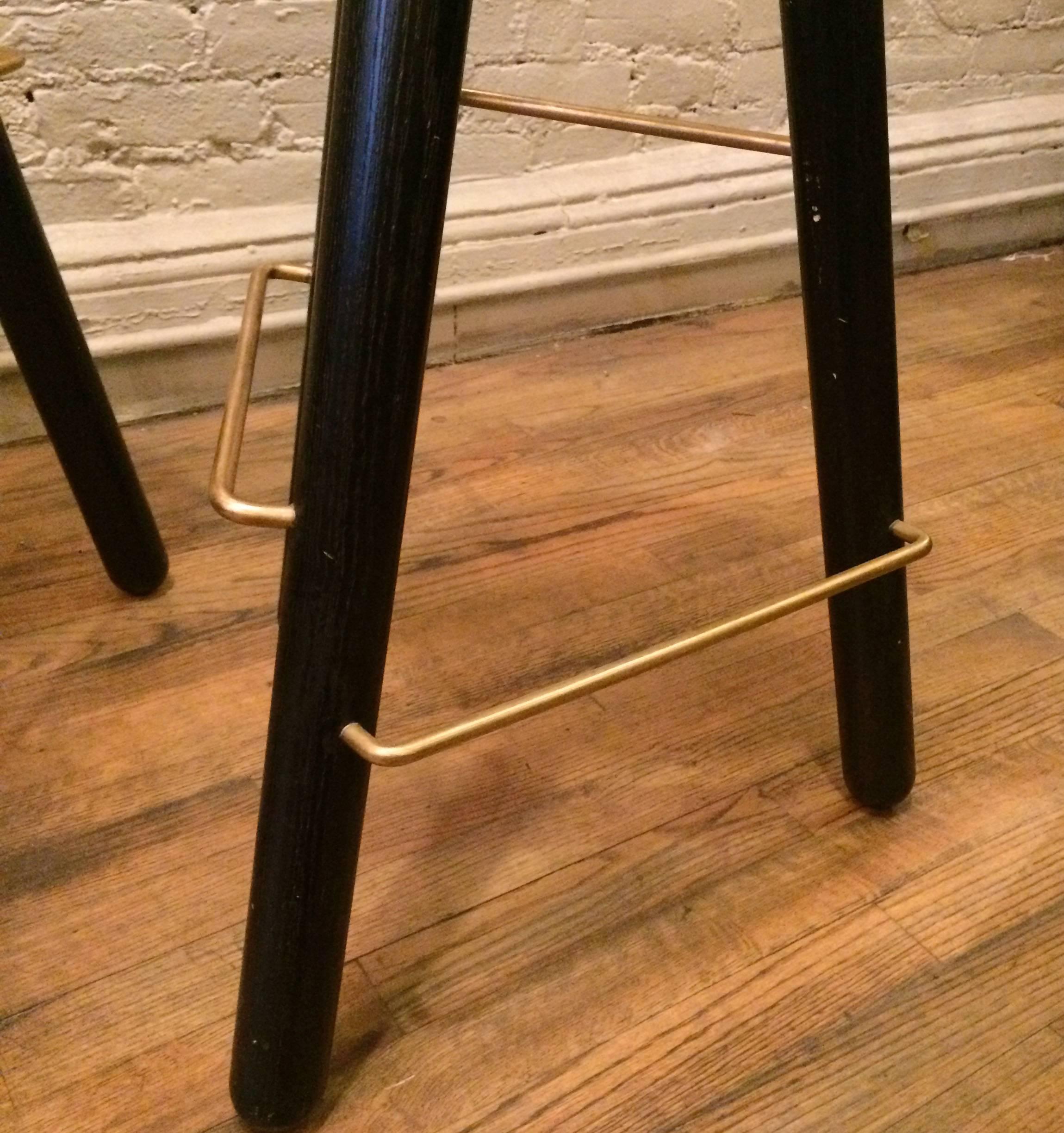 Lacquered Modernist Ebonized Ash Bar Stool with Brass Footrest