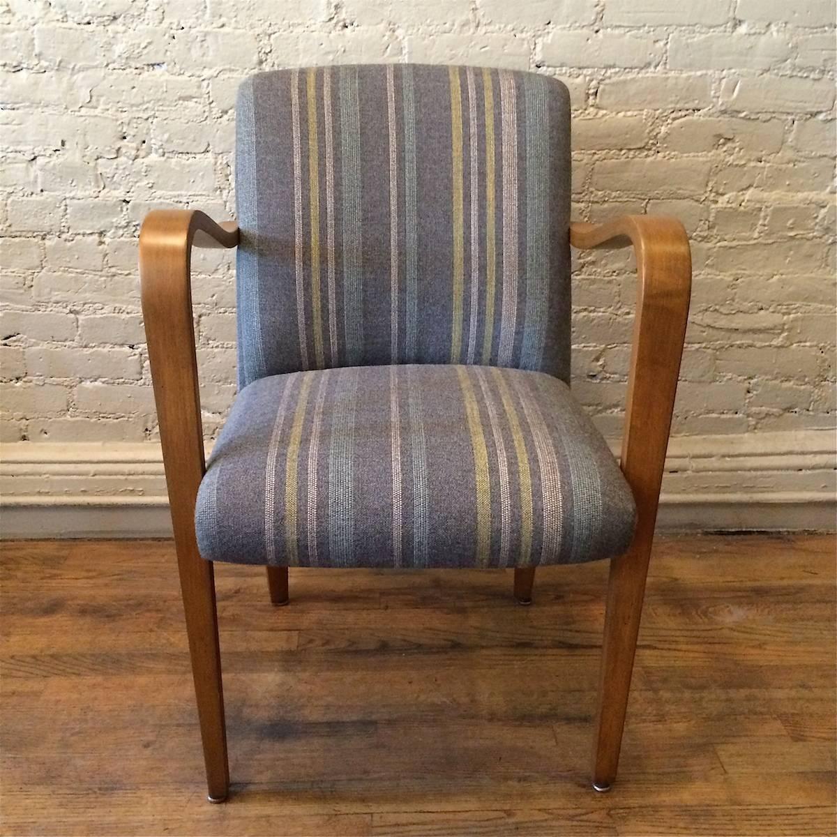 Vintage, Mid-Century Modern, maple, bentwood armchair by Thonet is newly upholstered in a stripped wool blend.