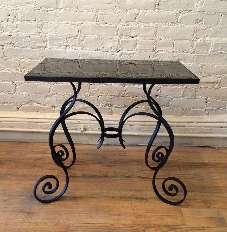 Hollywood Regency Scrolled Wrought Iron and Black Vitrolite Side Table