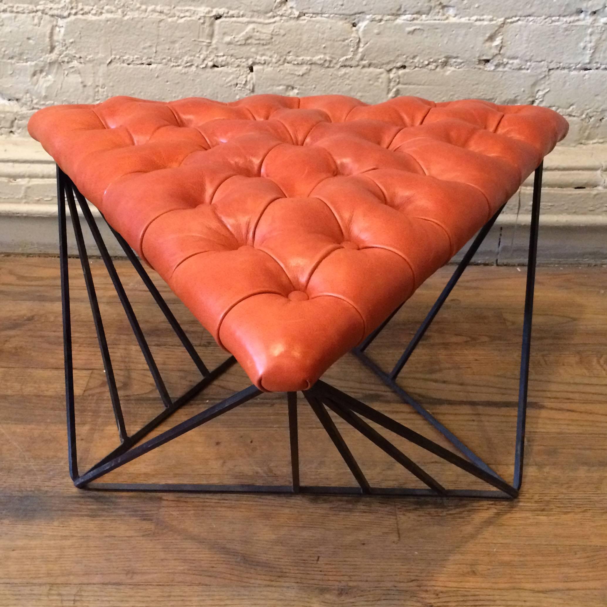 Mid-Century Modern Modernist Leather And Geometric Wrought Iron Ottoman