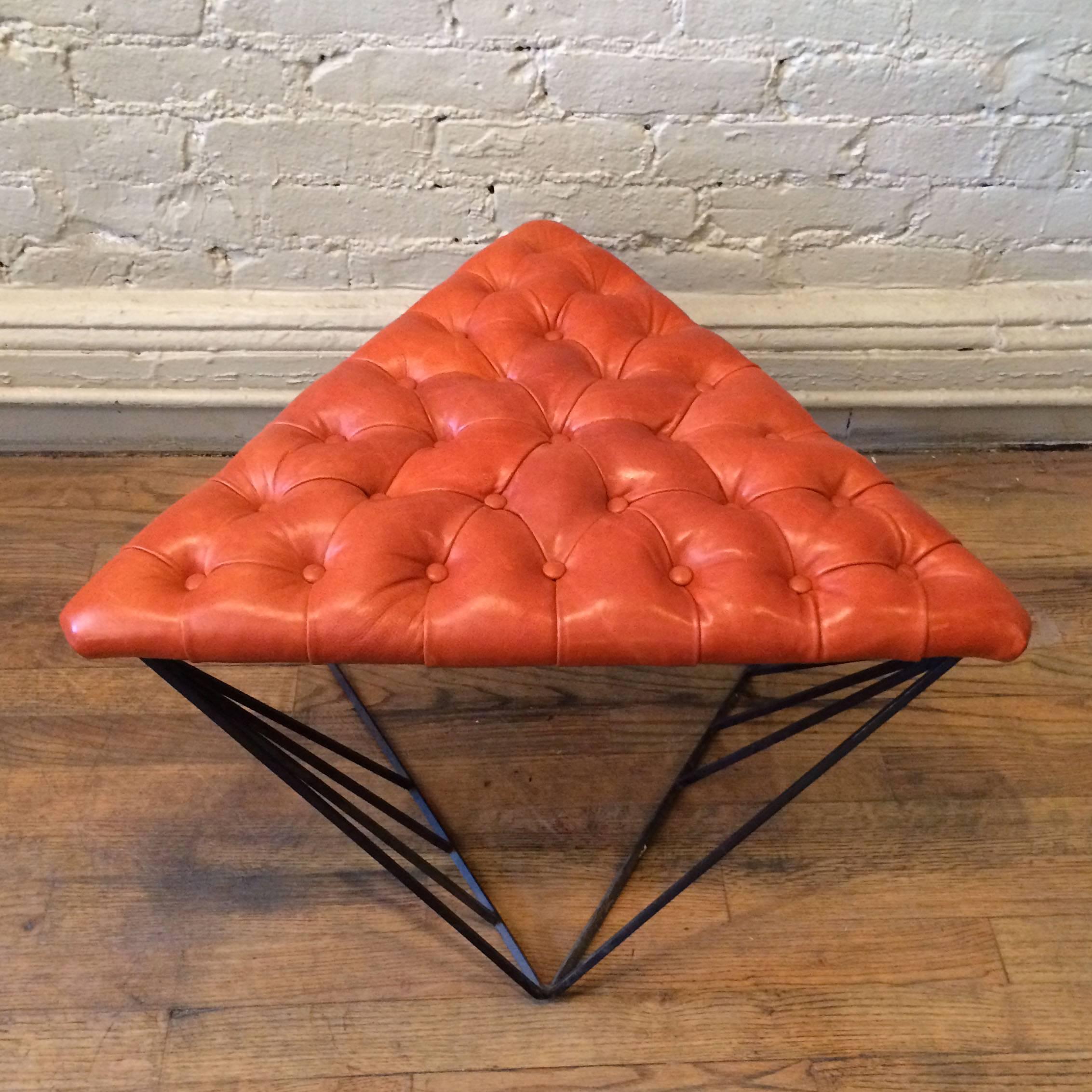 American Modernist Leather And Geometric Wrought Iron Ottoman