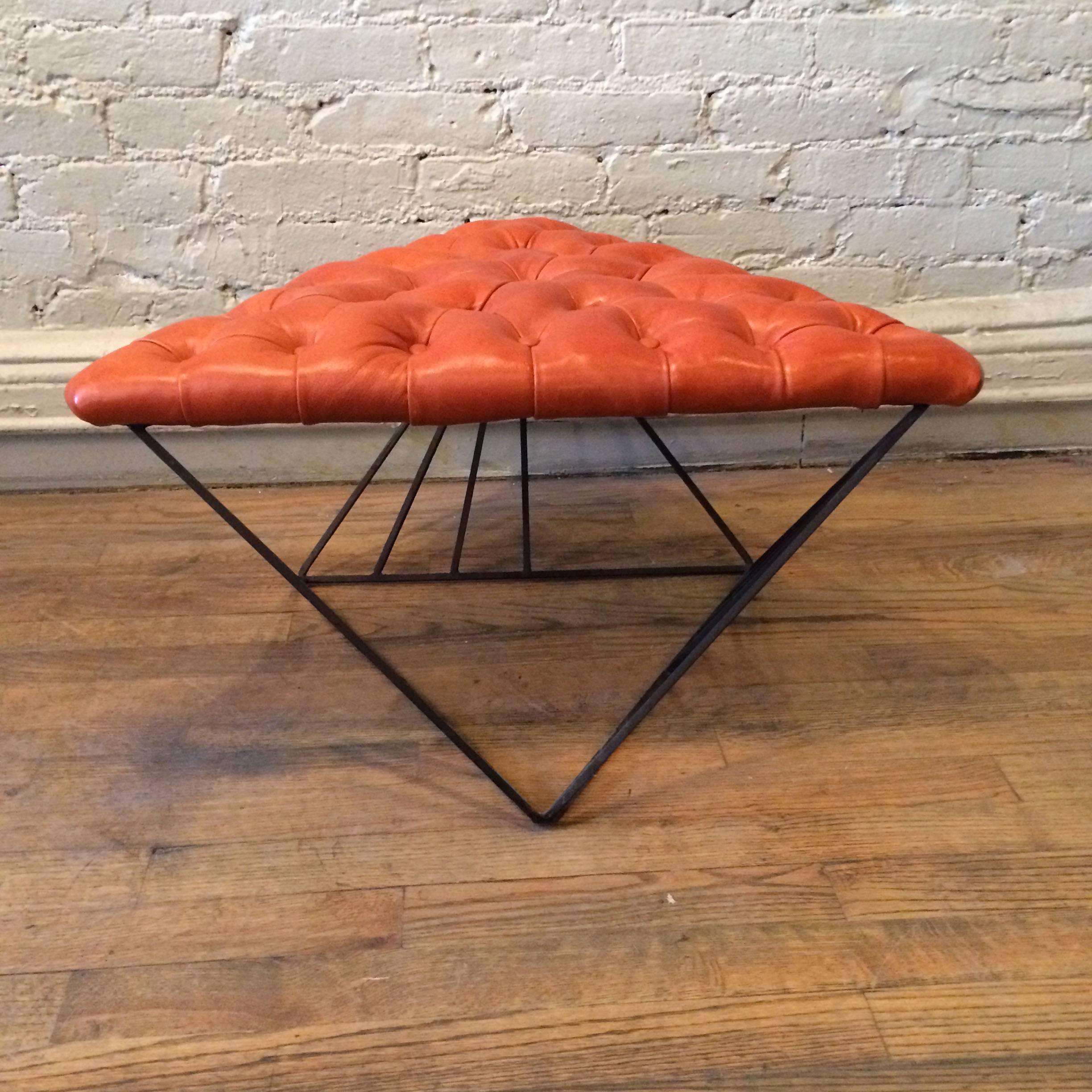 Mid-20th Century Modernist Leather And Geometric Wrought Iron Ottoman