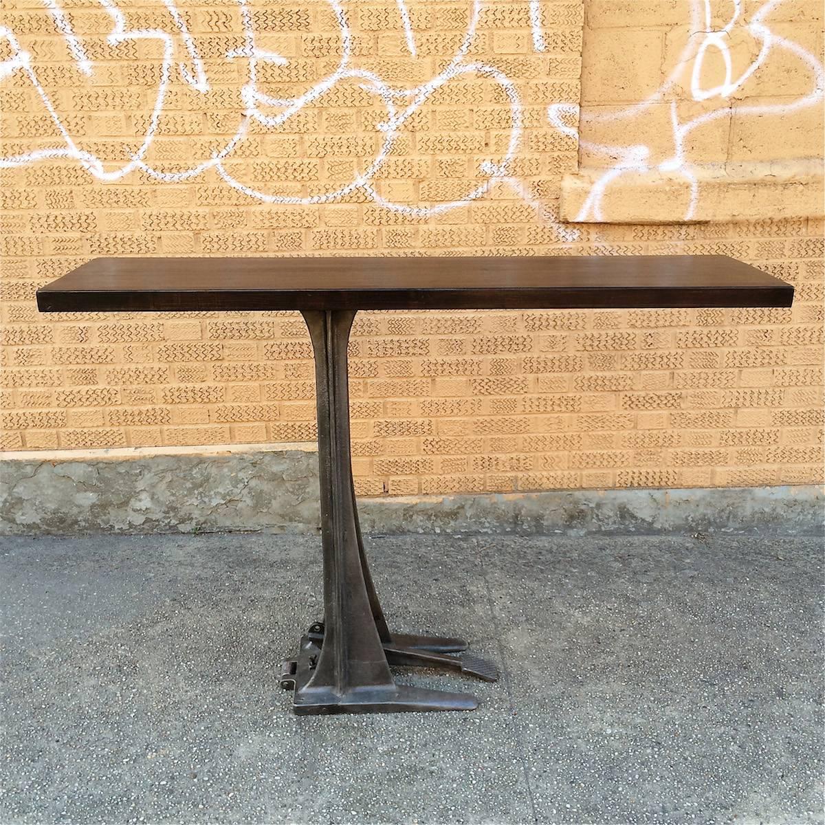 Custom, Industrial, cantilever console or bar assembled from ebonized reclaimed maple block and vintage cast iron machine base assembled by cityFoundry in Brooklyn for our CF Signature Line.