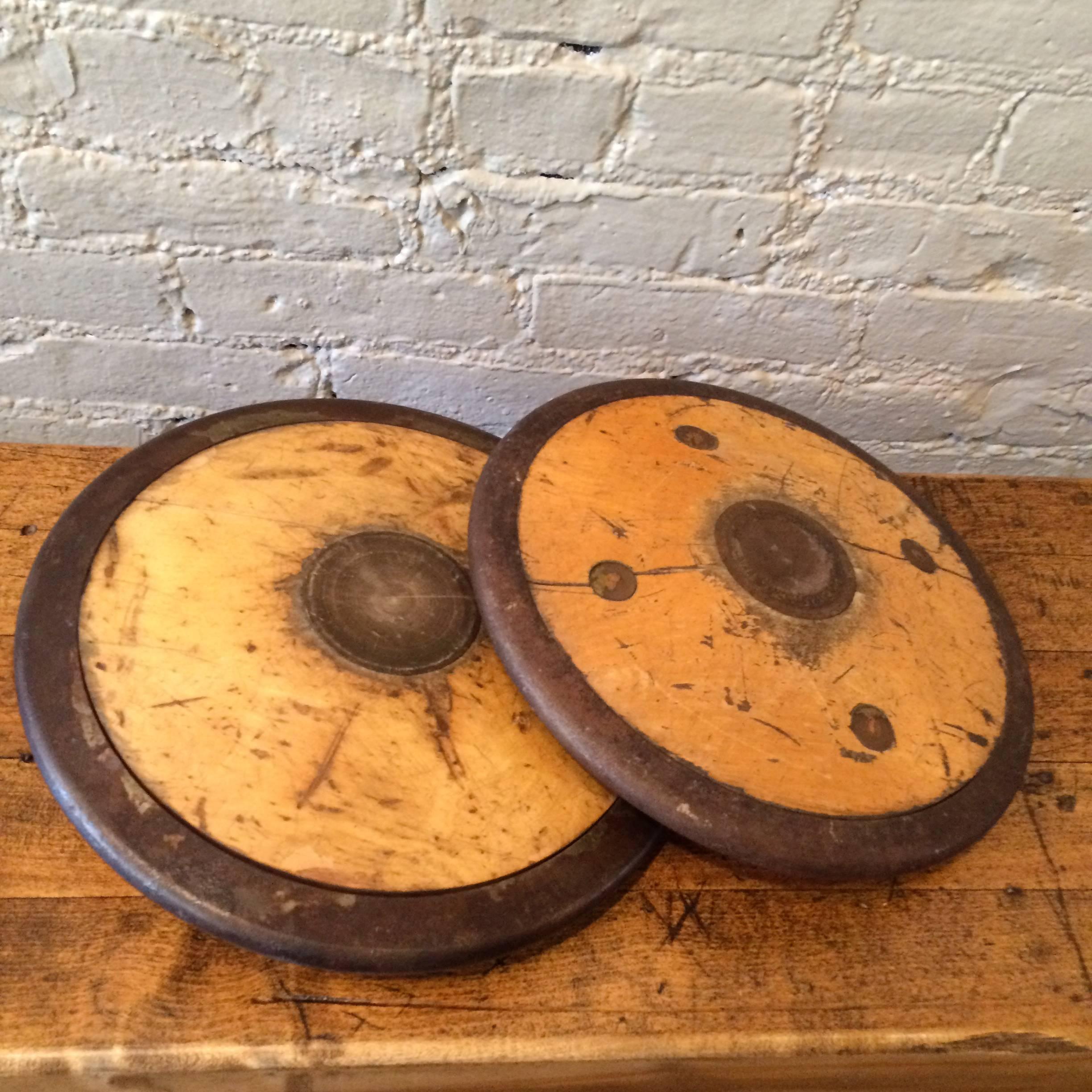 Wood and iron, gymnastics discus for track and field, circa 1940. One available.