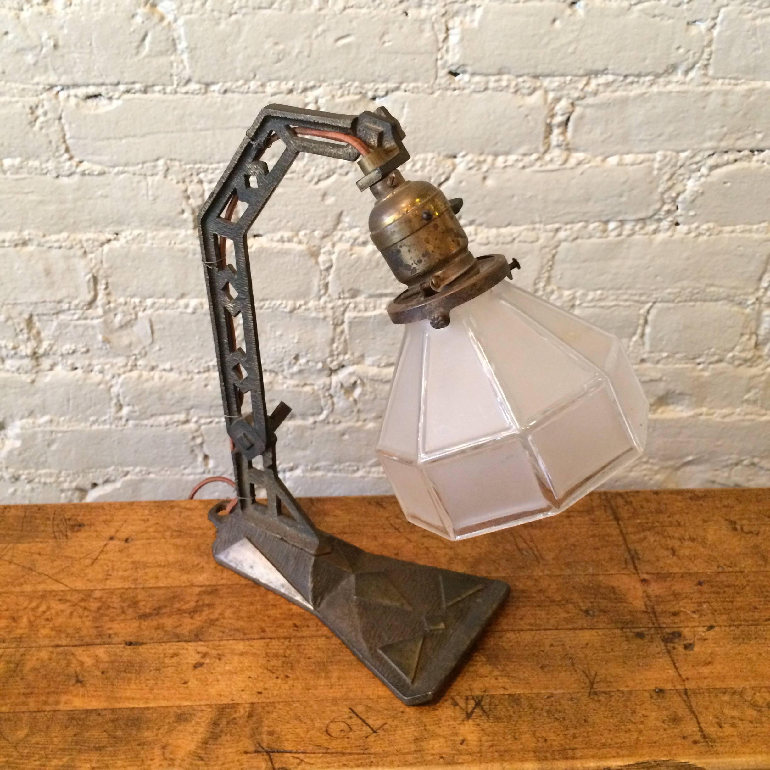 Arts & Crafts Cast Iron Table Lamp with Frosted Glass Shade In Good Condition In Brooklyn, NY