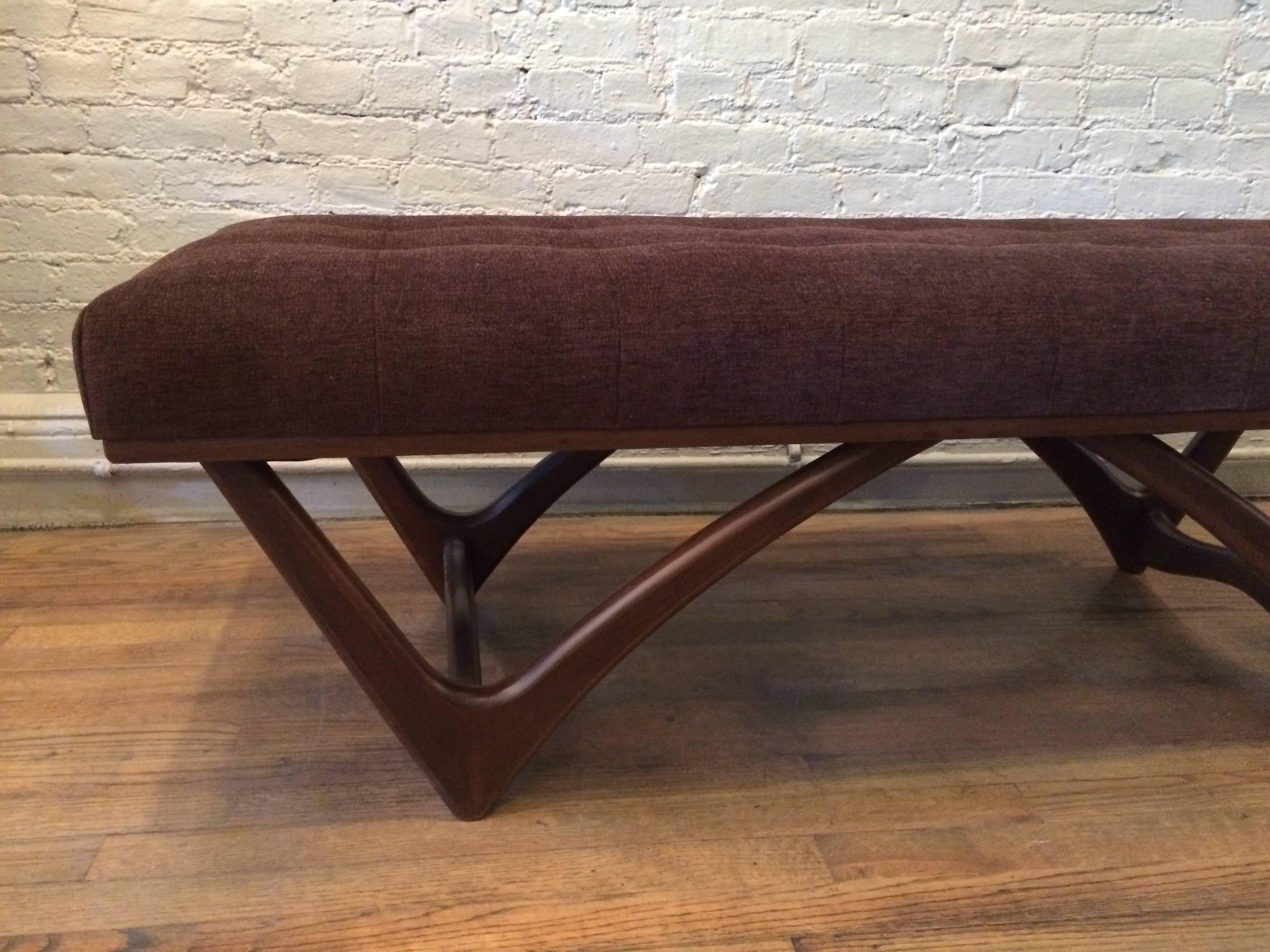 American Mid-Century Modern Upholstered Walnut Bench in the Style of Adrian Pearsall