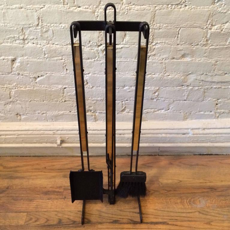 Wrought Iron and Brass Mid-Century Modern Fireplace Tools at 1stdibs