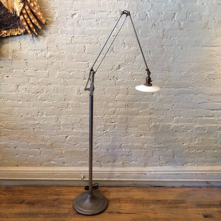 Rare Industrial Spring Arm Floor Task Lamp With Milk Glass Diffuser By Dazor