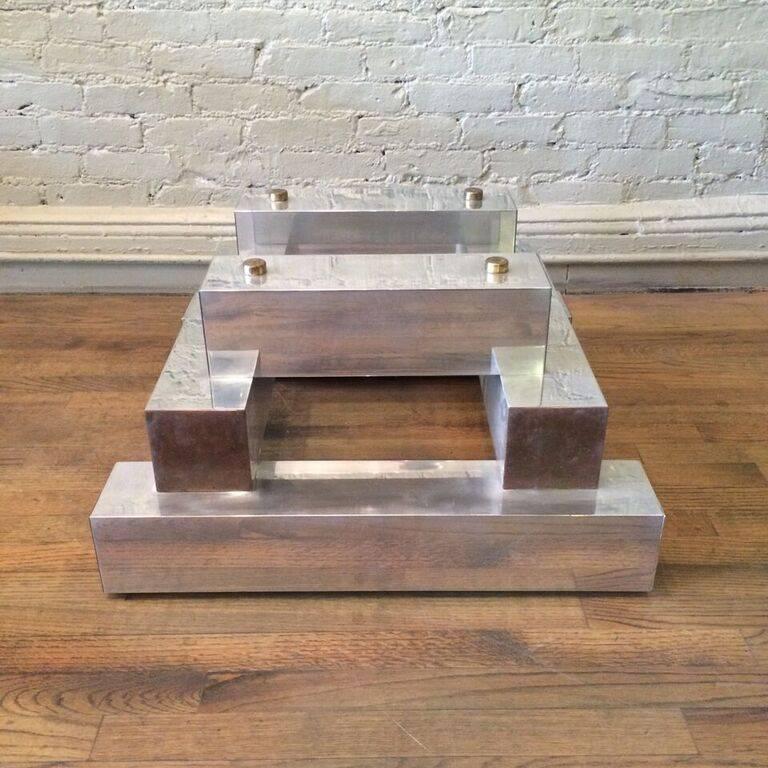 American Aluminum Brass and Glass Architectural Coffee Table in the Style of Paul Evans