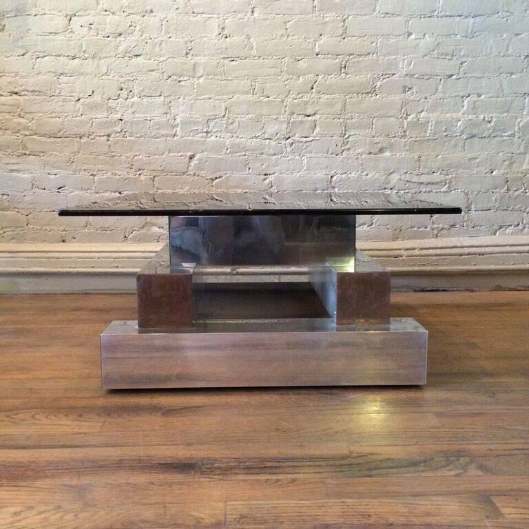 Mid-Century Modern Aluminum Brass and Glass Architectural Coffee Table in the Style of Paul Evans
