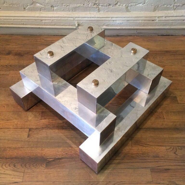 Aluminum Brass and Glass Architectural Coffee Table in the Style of Paul Evans In Good Condition In Brooklyn, NY