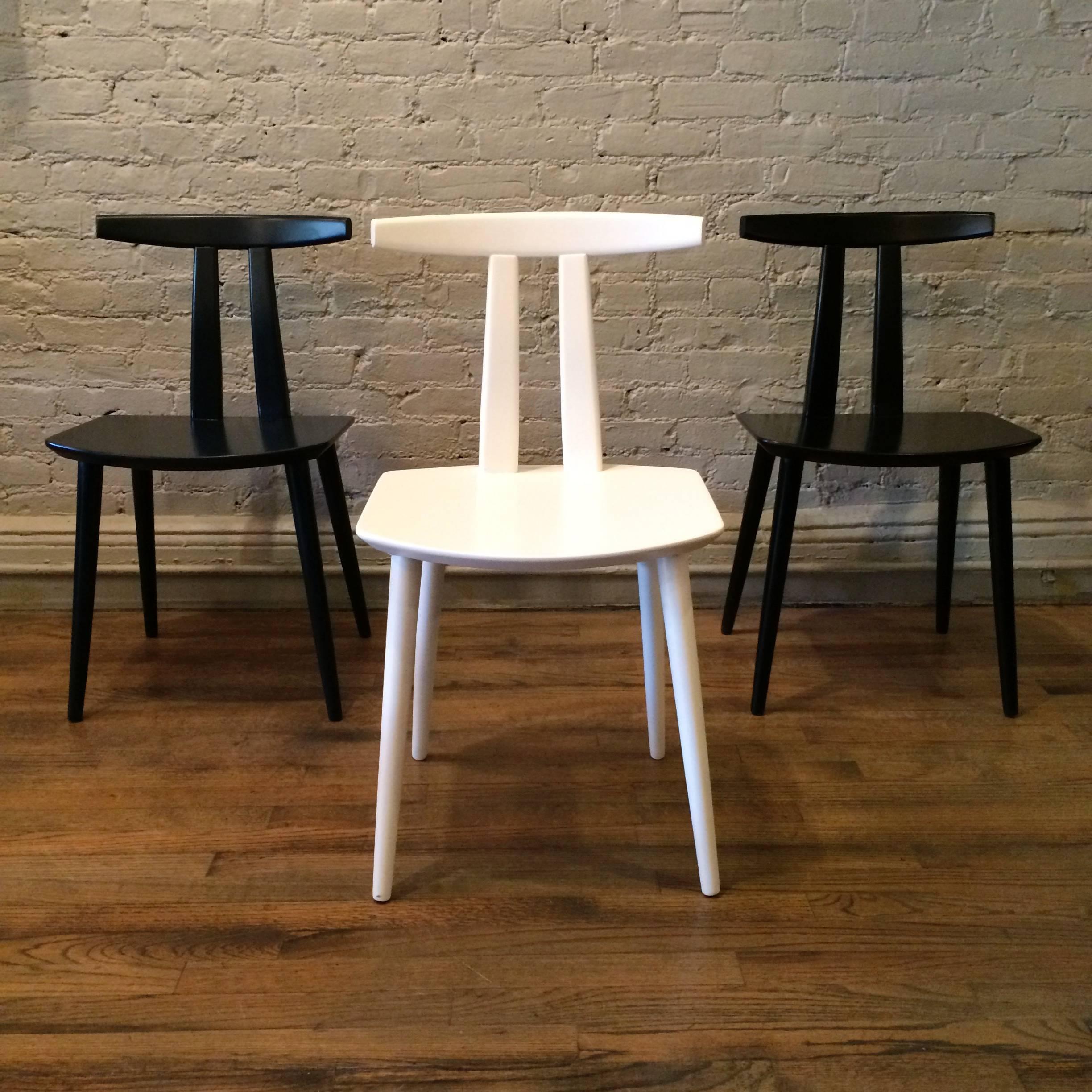 Set of three Danish modern, birch side chairs lacquered in black, white and blue by Folke Palsson for FDB Mobler.