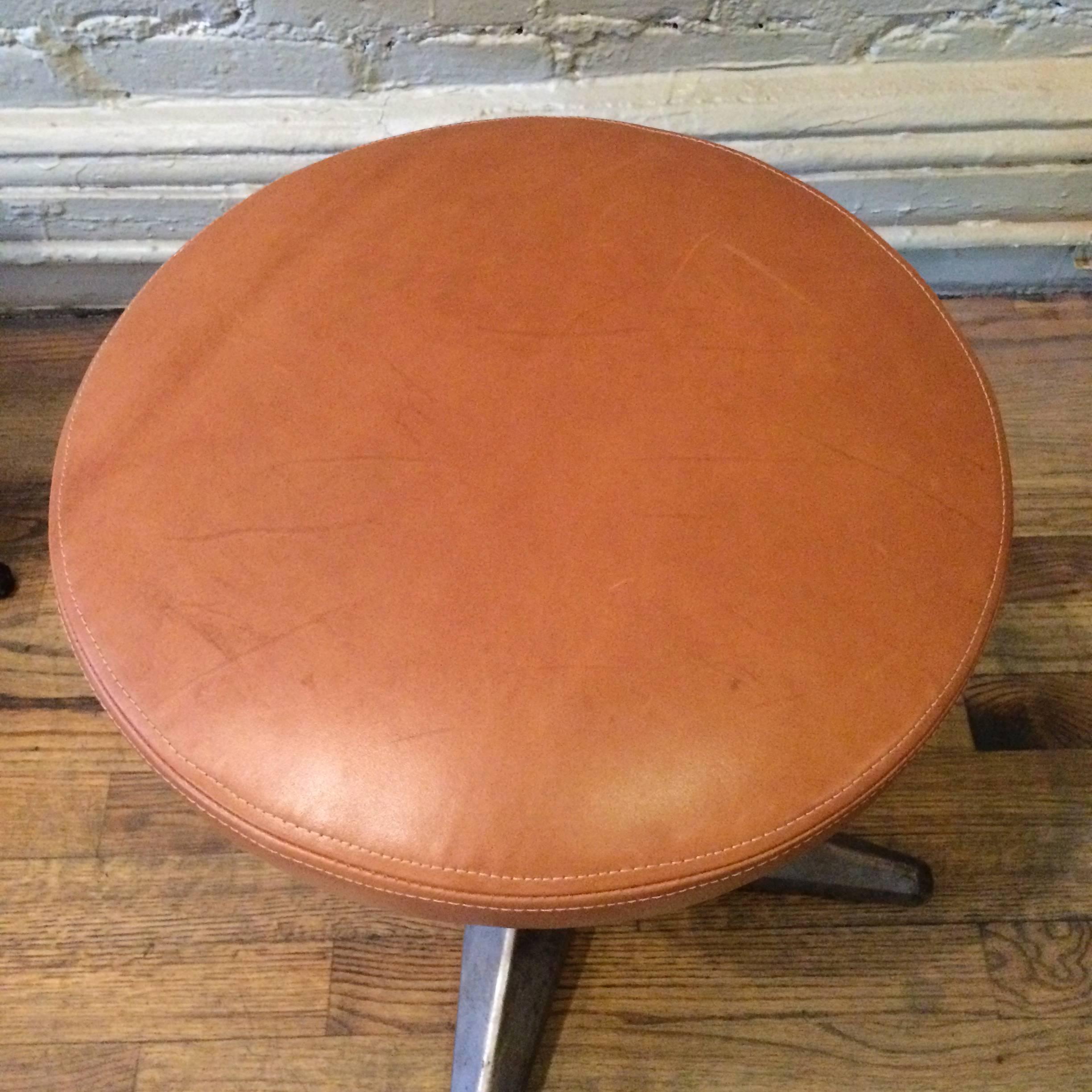 Mid-20th Century Pair Of Industrial Cast Iron Adjustable Stools with Leather Seats