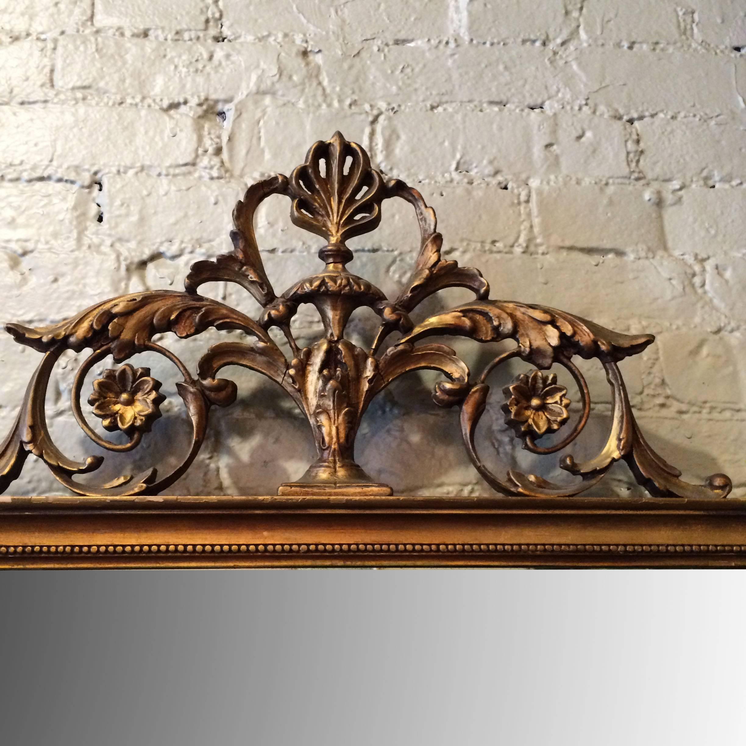 American French Regency Style Gilt Picture Frame Mirror with Plumed Top