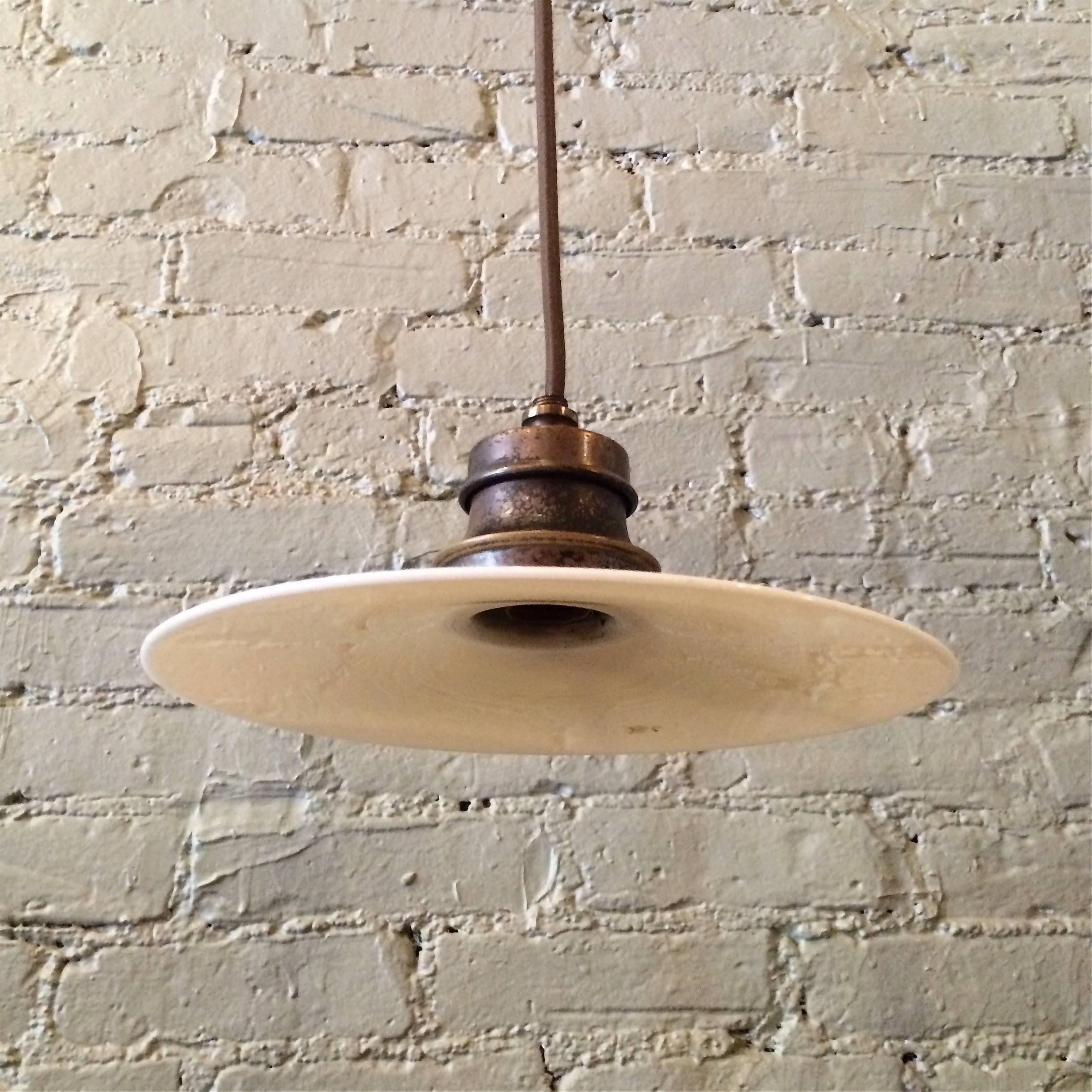 Industrial Milk Glass Disc Pendant Lights with Brass Railroad Fitters