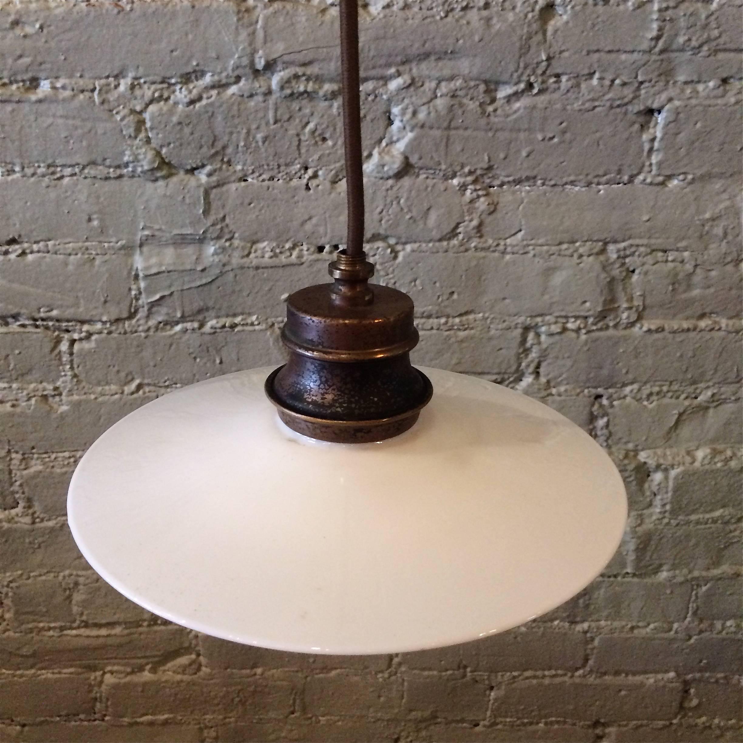 American Milk Glass Disc Pendant Lights with Brass Railroad Fitters