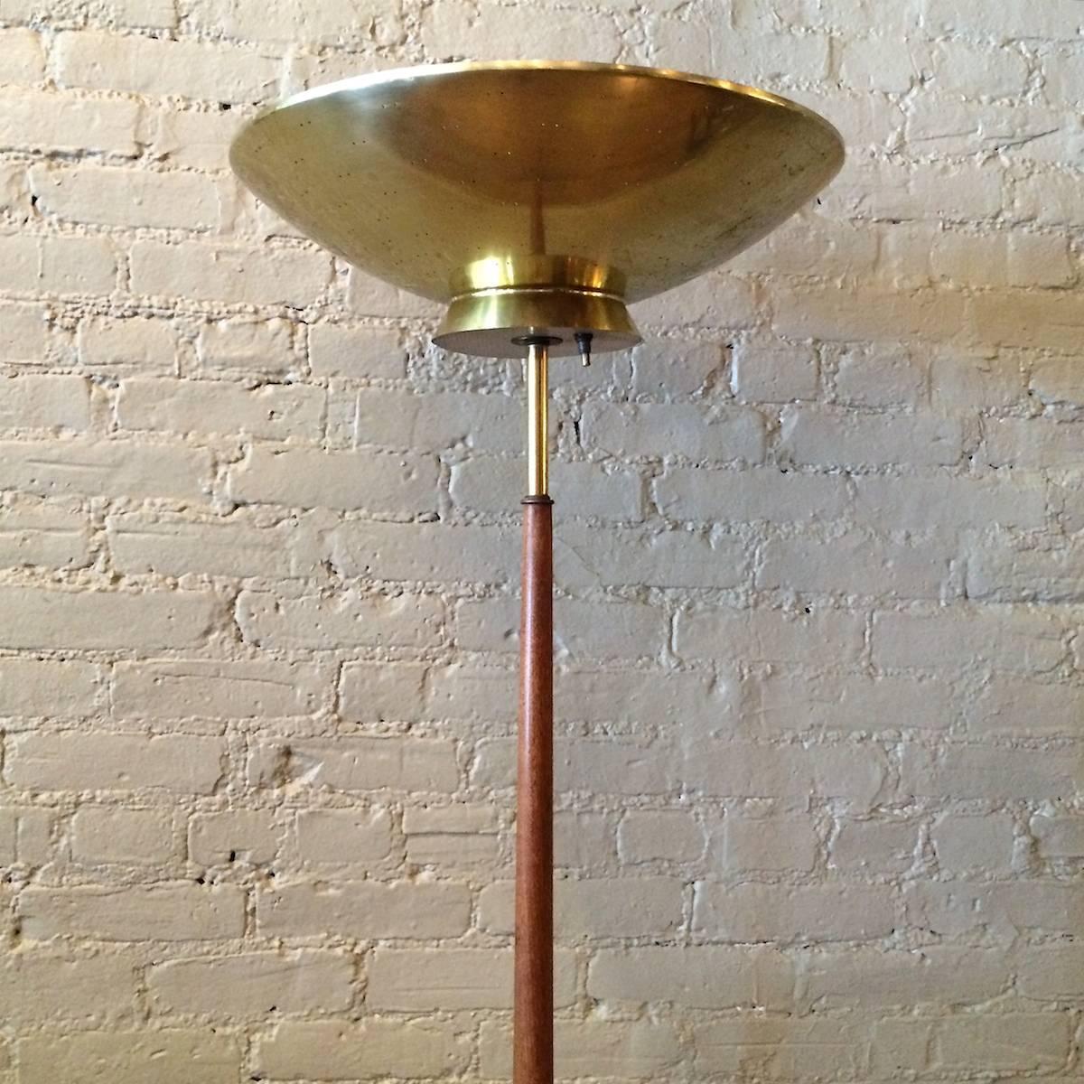 Mid-Century Modern Walnut and Brass Torchiere Floor Lamp by Gerald Thurston for Lightolier