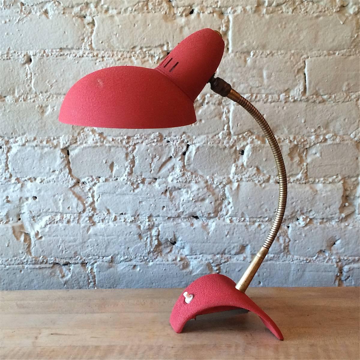 Mid century modern, brass gooseneck, desk lamp with red shrink paint base and shade circa 1950's