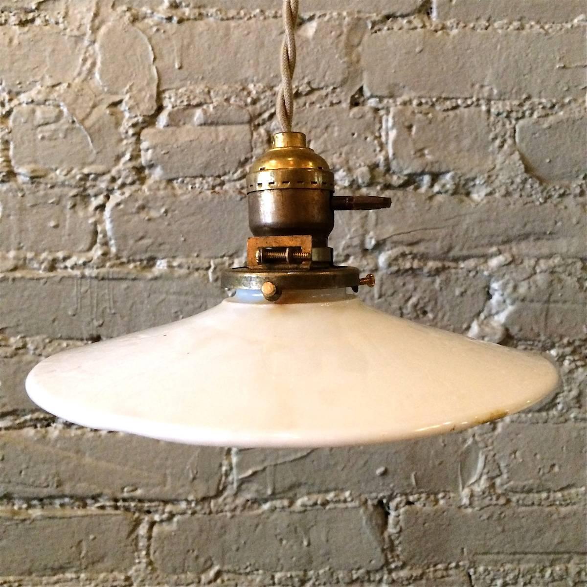 Industrial Pair of Milk Glass Disc Pendant Lights with Brass Fitters