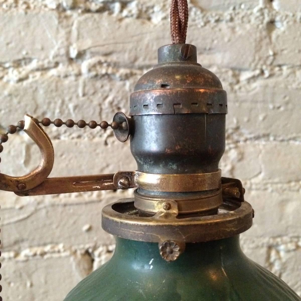 Petite Green X-Ray Mercury Glass Pendant Light with Extension Arm Pull Chain In Good Condition In Brooklyn, NY