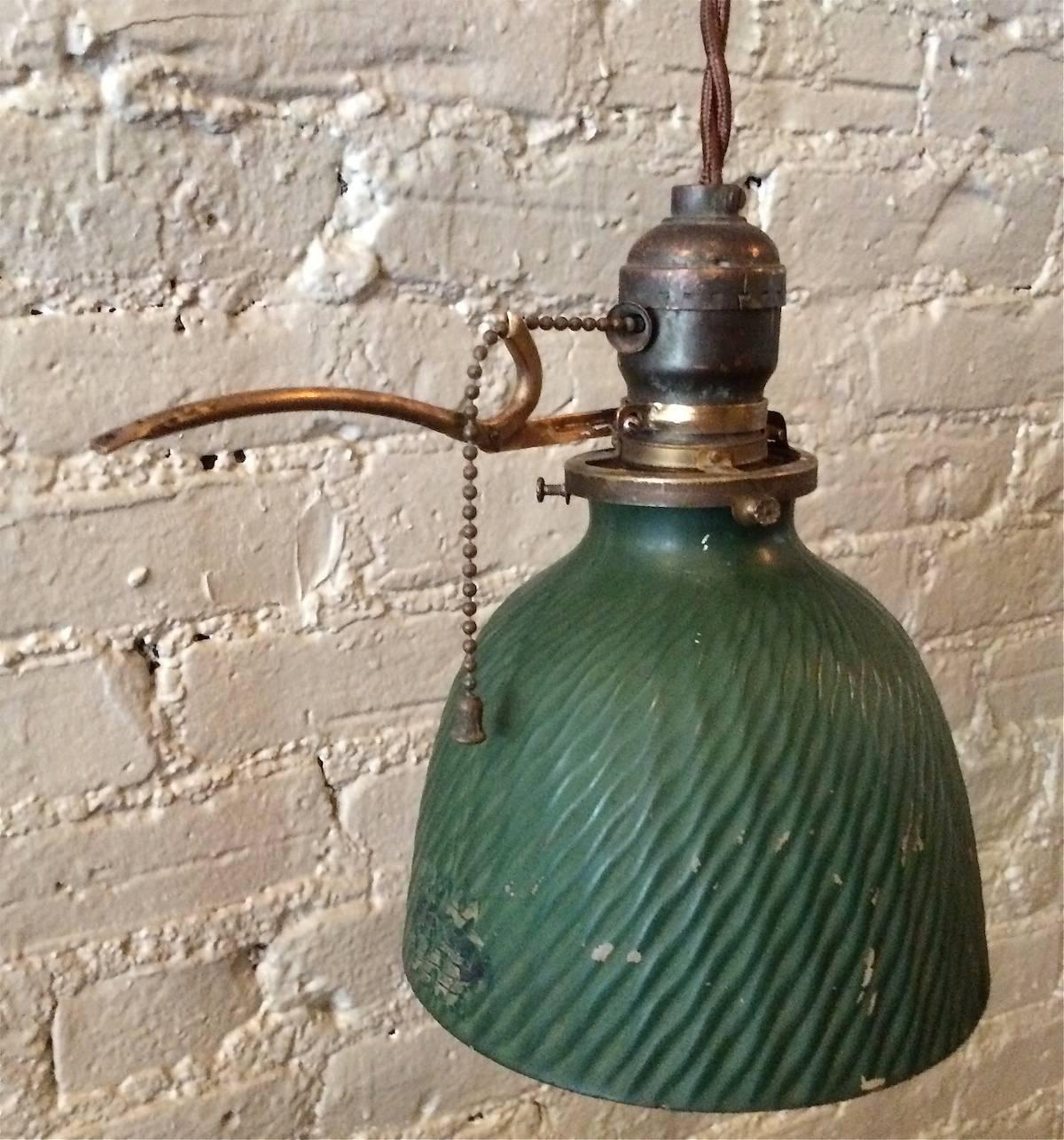 American Petite Green X-Ray Mercury Glass Pendant Light with Extension Arm Pull Chain