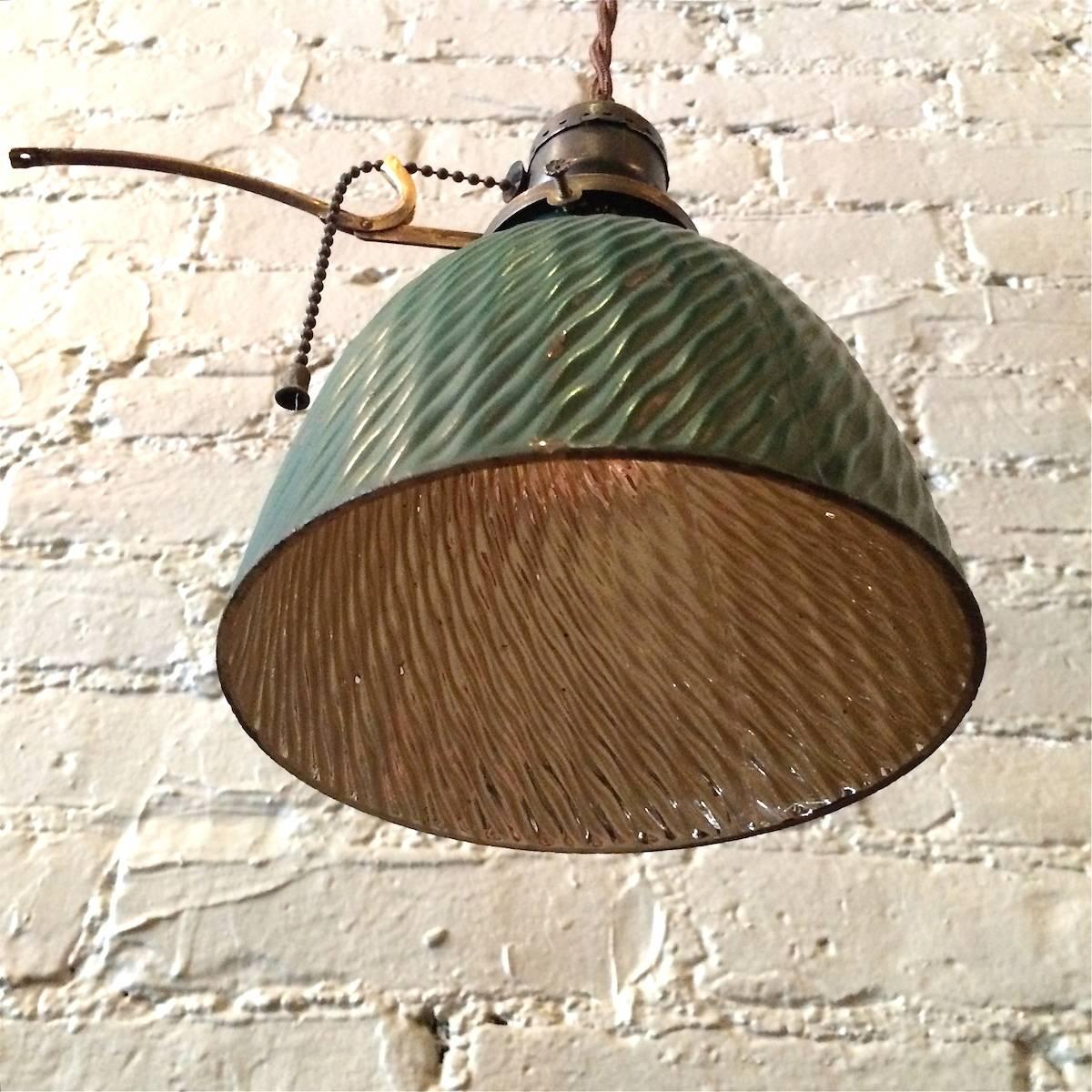 Brass Petite Green X-Ray Mercury Glass Pendant Light with Extension Arm Pull Chain