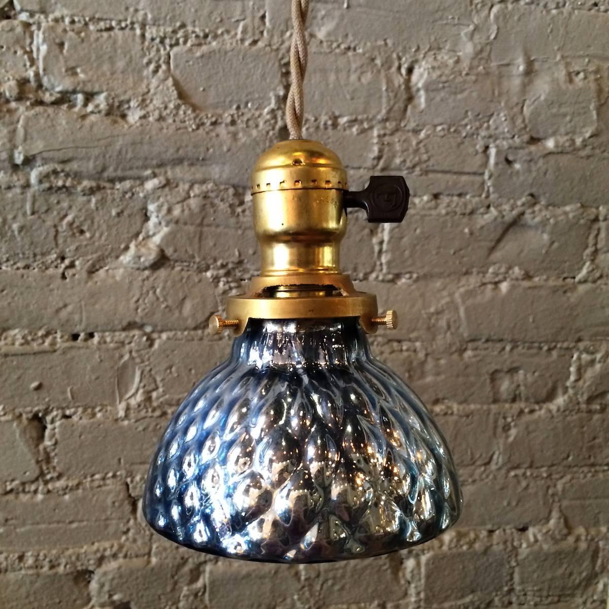 Pair of Petite Blue Mercury Glass Pendant Lights with Brass Fitters For