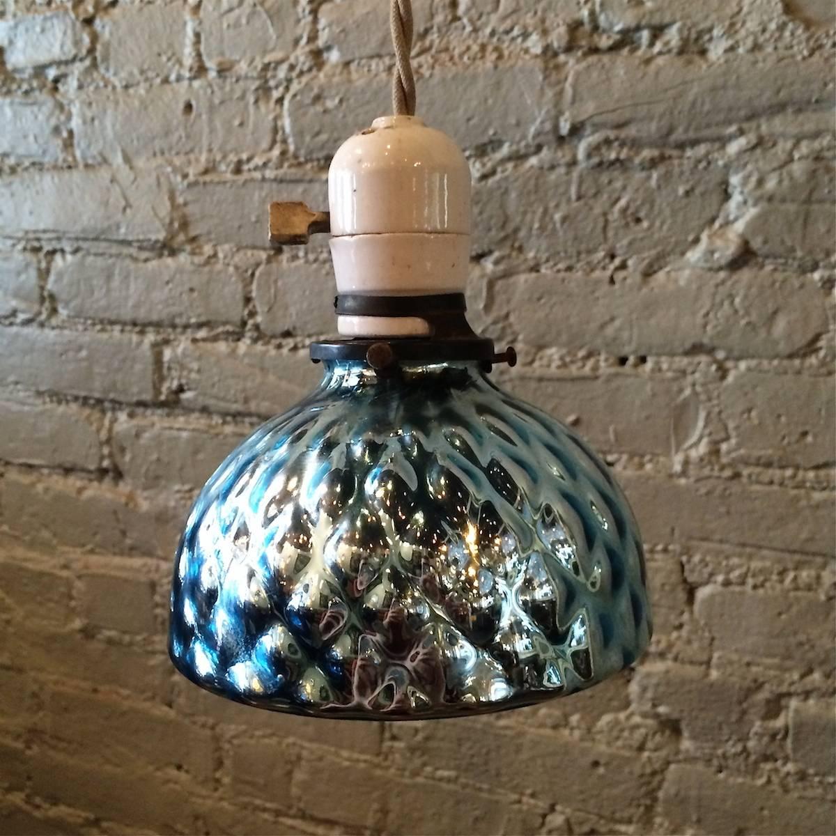 Industrial Petite Blue Quilted Mercury Glass Pendant Light with Porcelain Fitter