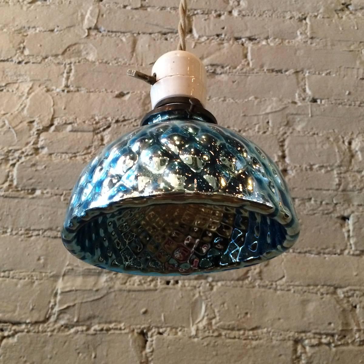 American Petite Blue Quilted Mercury Glass Pendant Light with Porcelain Fitter