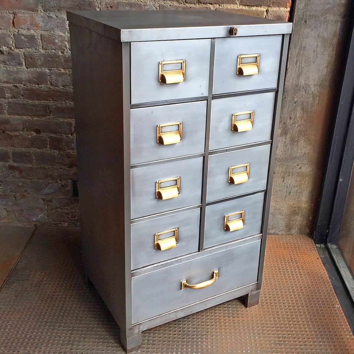 Mid-Century, hand-polished, brushed steel, office, index filing cabinet with polished brass hardware by Cole Steel.