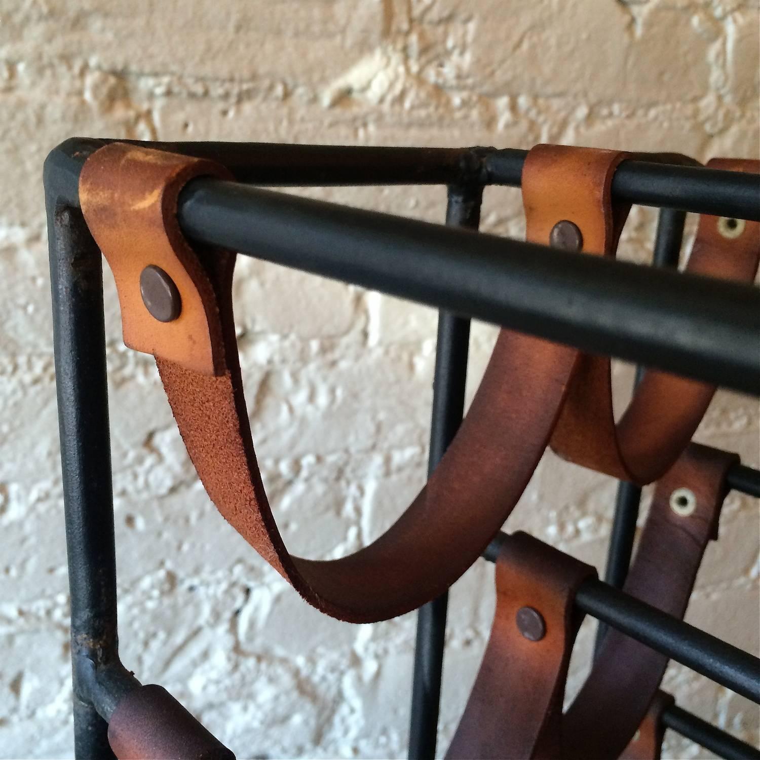 Arthur Umanoff Wrought Iron and Leather Strap Wine Rack In Good Condition In Brooklyn, NY