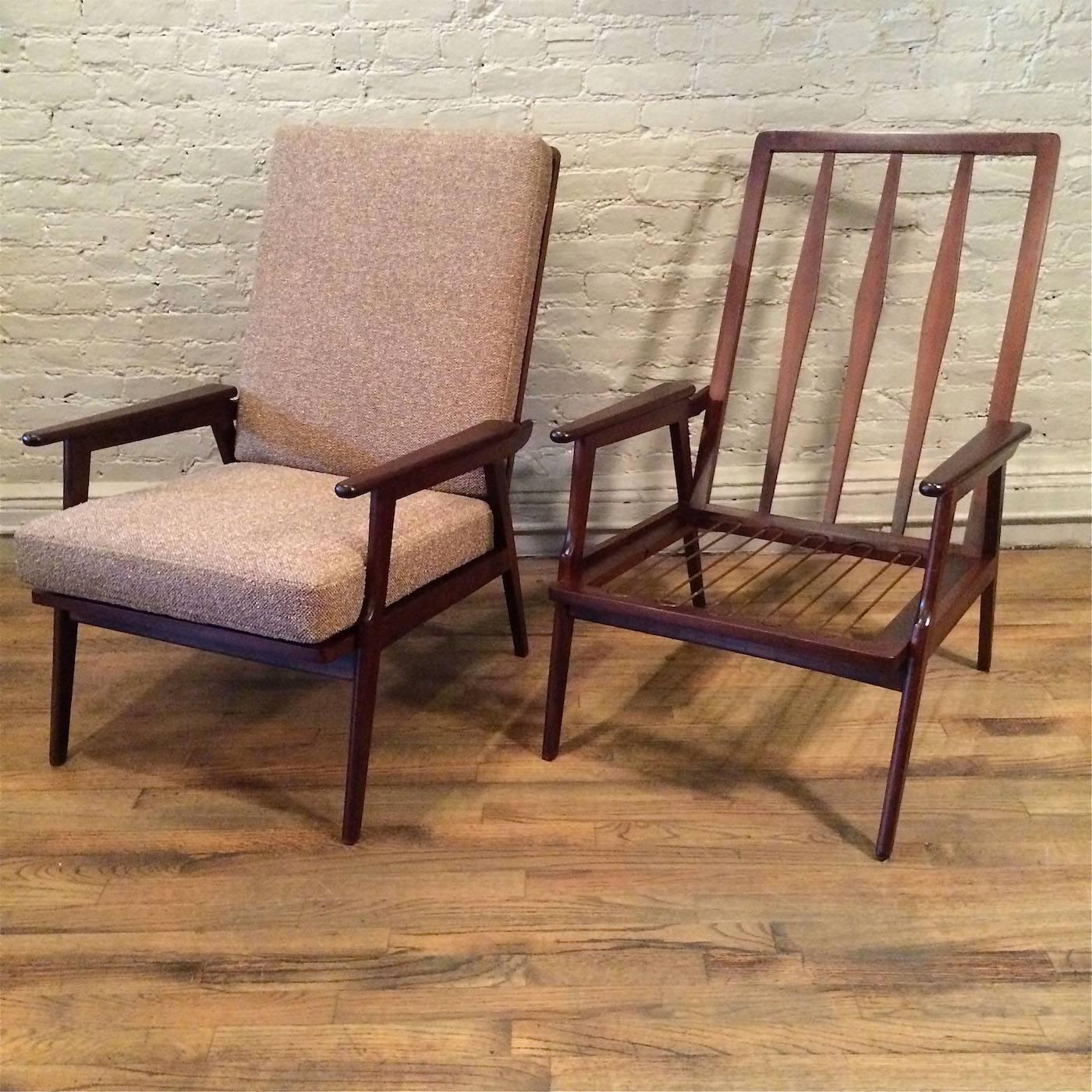 Fabric Pair of Italian High Back Beech Lounge Chairs