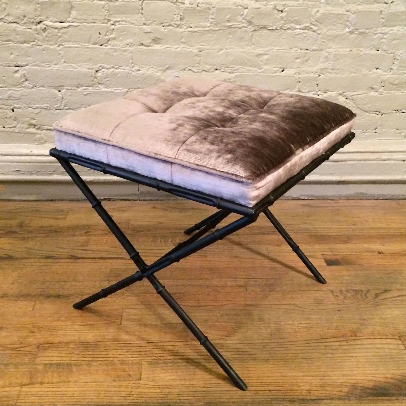 Hollywood Regency ottoman with bamboo motif, painted steel base is upholstered in a plush silver velvet.