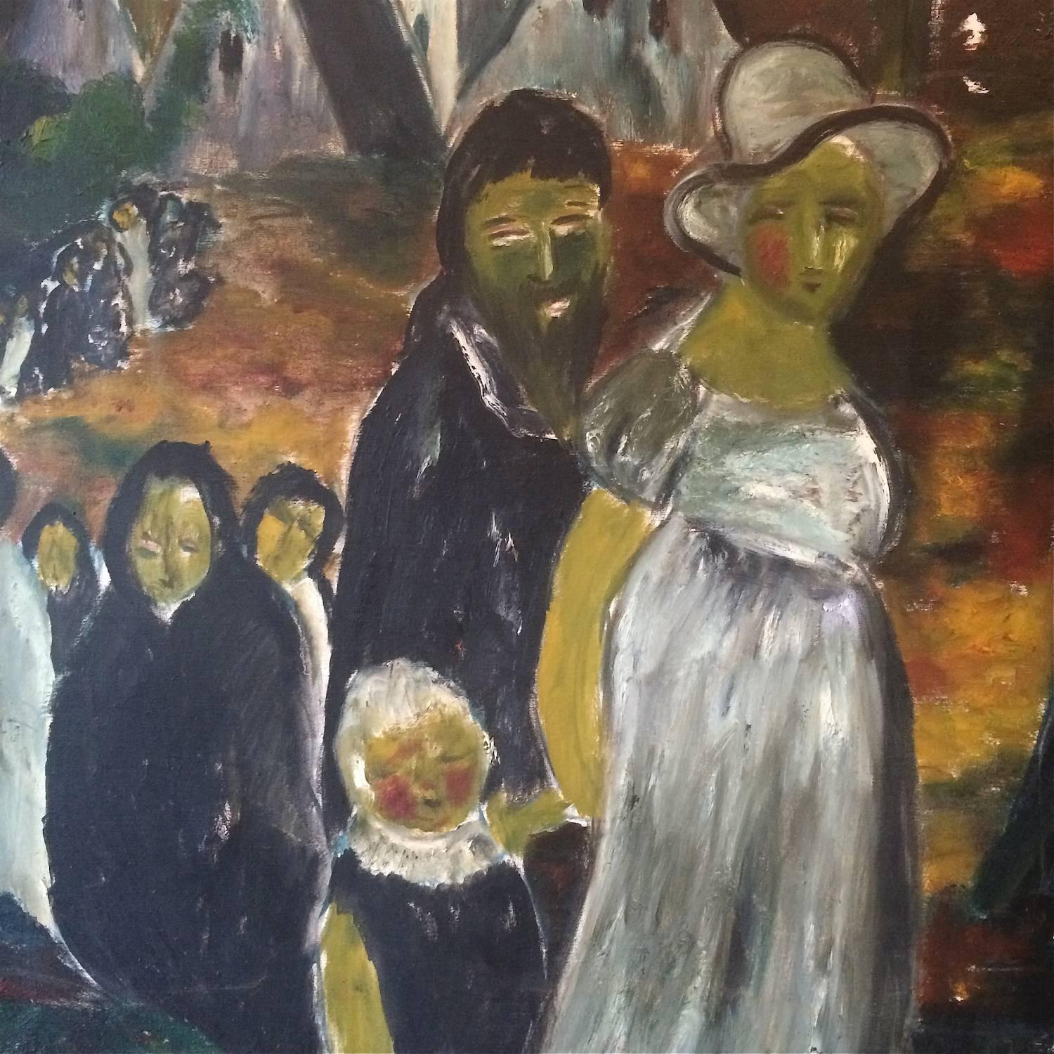 Large Danish Folk Art Church Procession Painting, circa 1960s In Good Condition For Sale In Brooklyn, NY