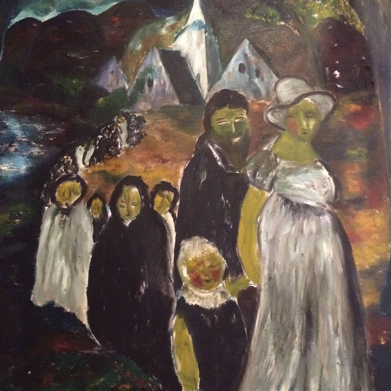 Américain Grande peinture danoise d'art populaire représentant une procession de Church s, vers les années 1960 en vente