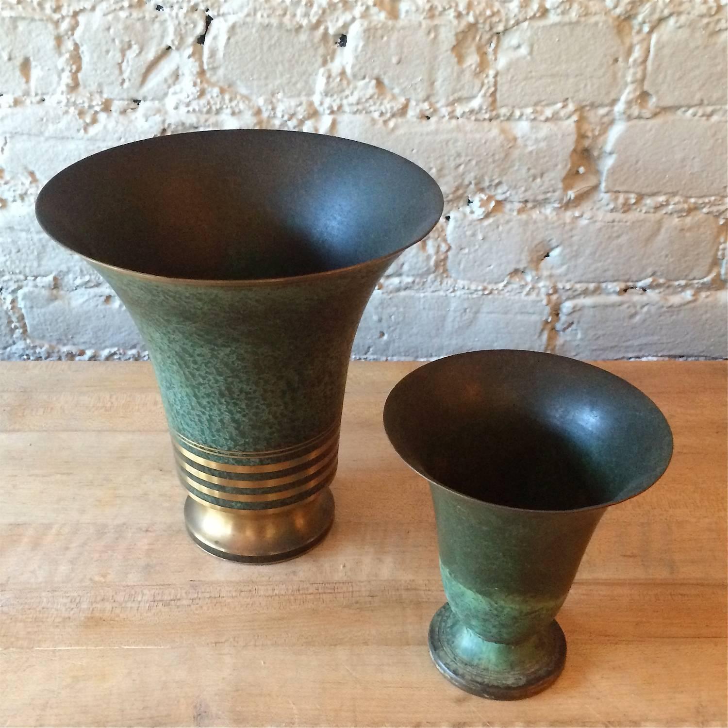 Hollywood Regency Pair of Bronze Verdigris Vases by Carl Sorenson