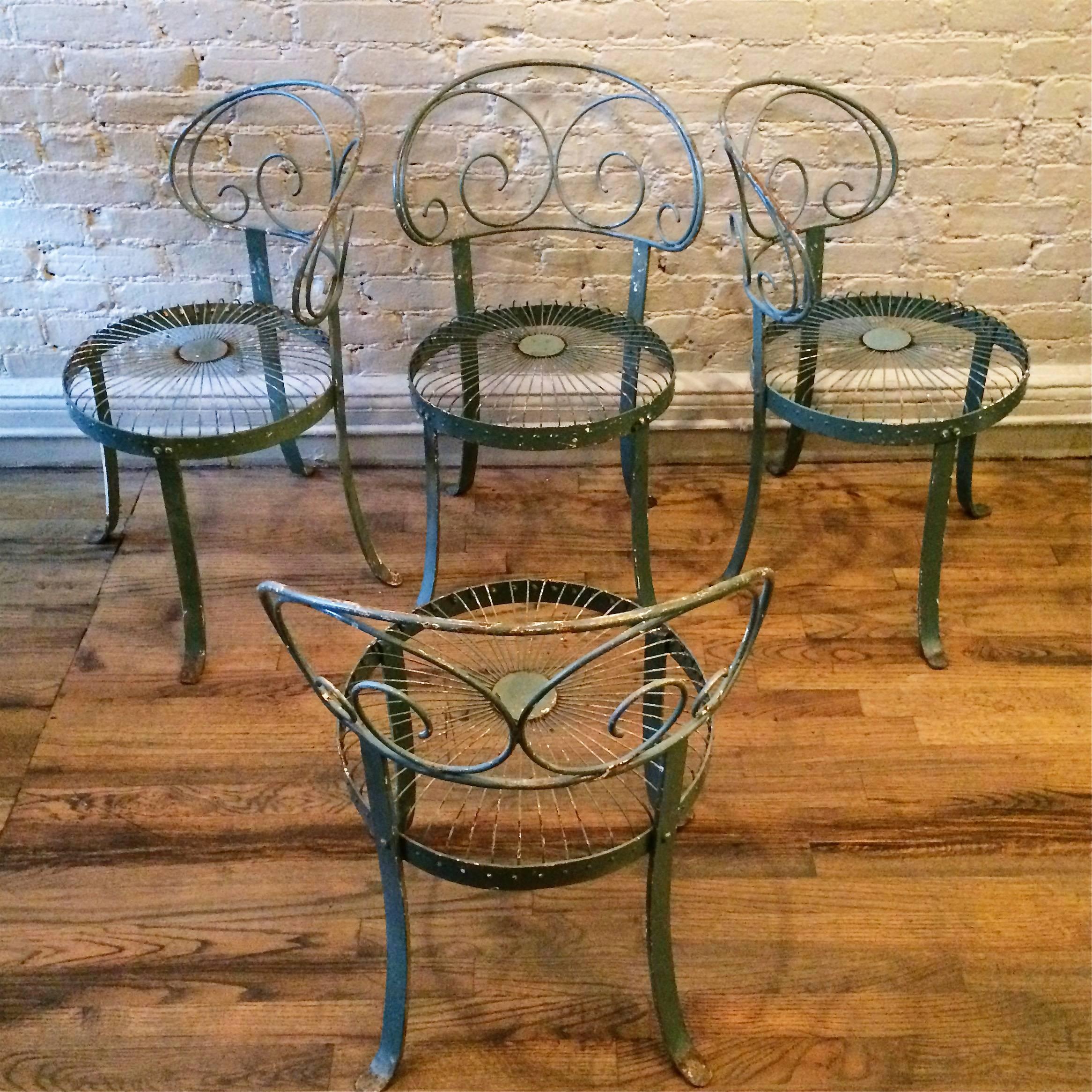 Hollywood Regency Set of Green Wrought Iron Scroll-Back Garden Chairs