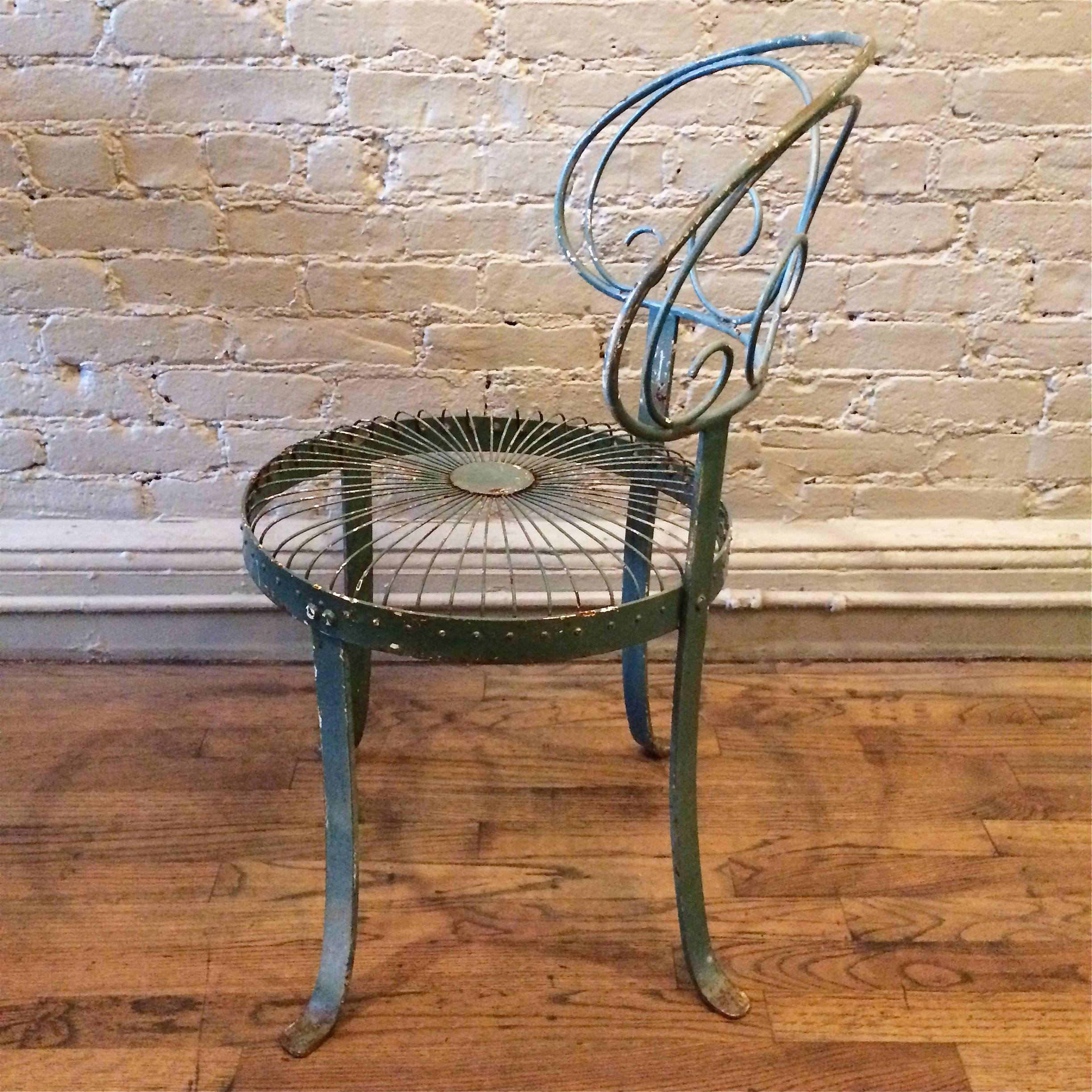 Set of Green Wrought Iron Scroll-Back Garden Chairs 2