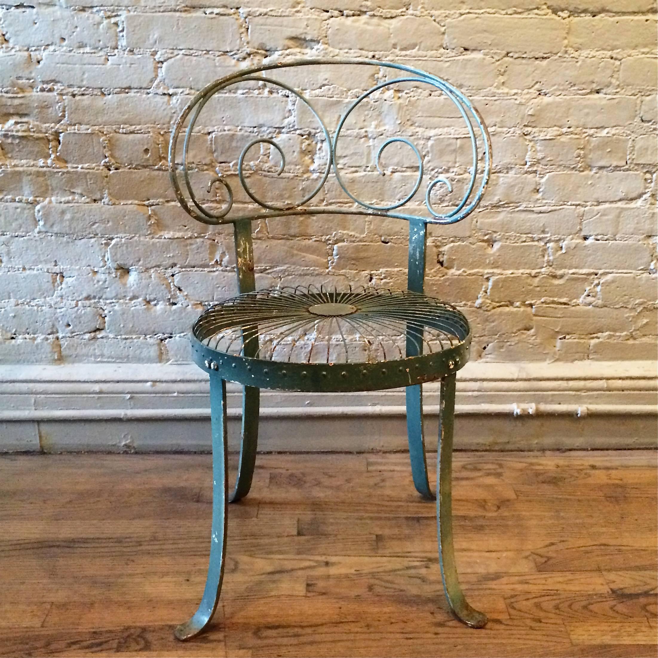 Mid-20th Century Set of Green Wrought Iron Scroll-Back Garden Chairs