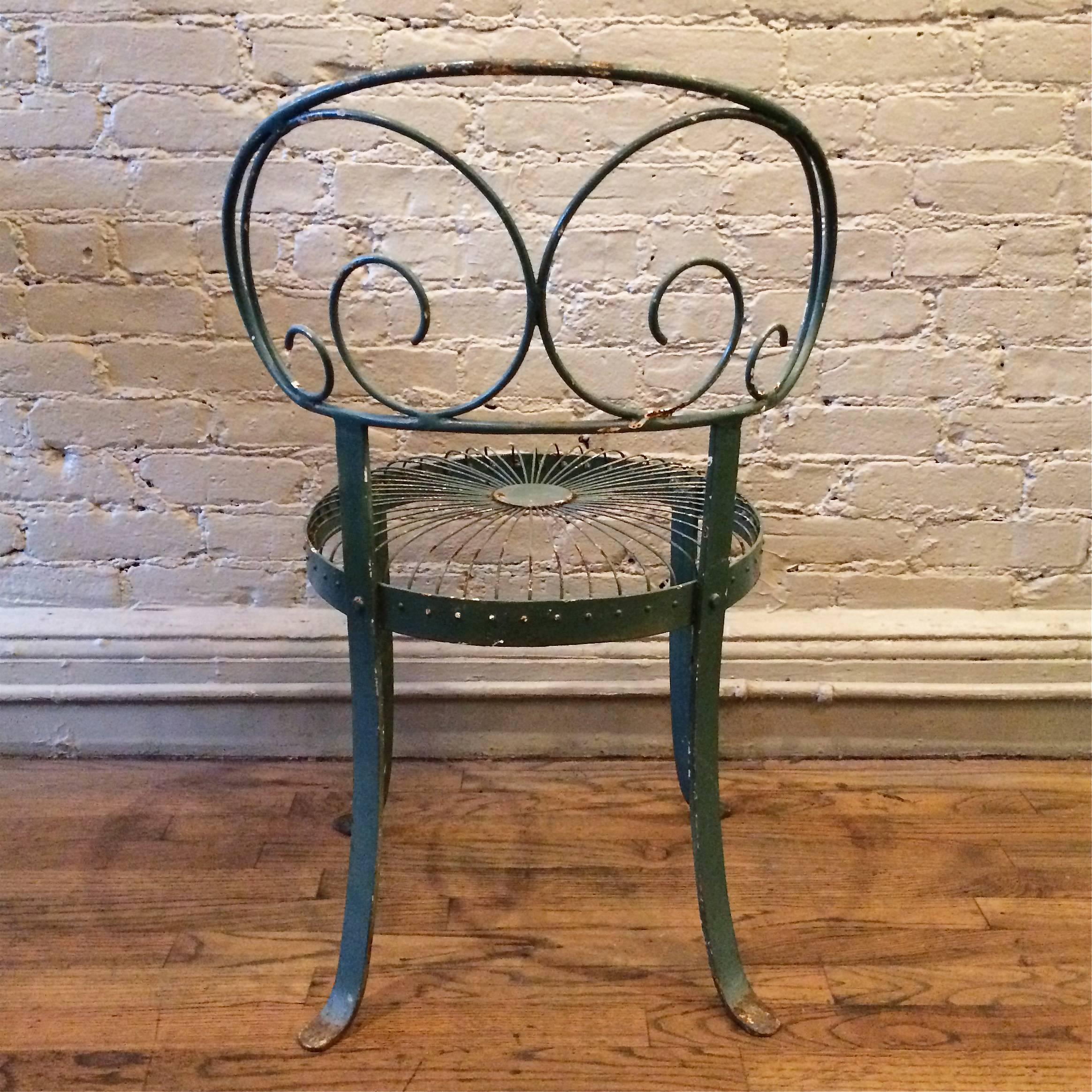 Set of Green Wrought Iron Scroll-Back Garden Chairs 1