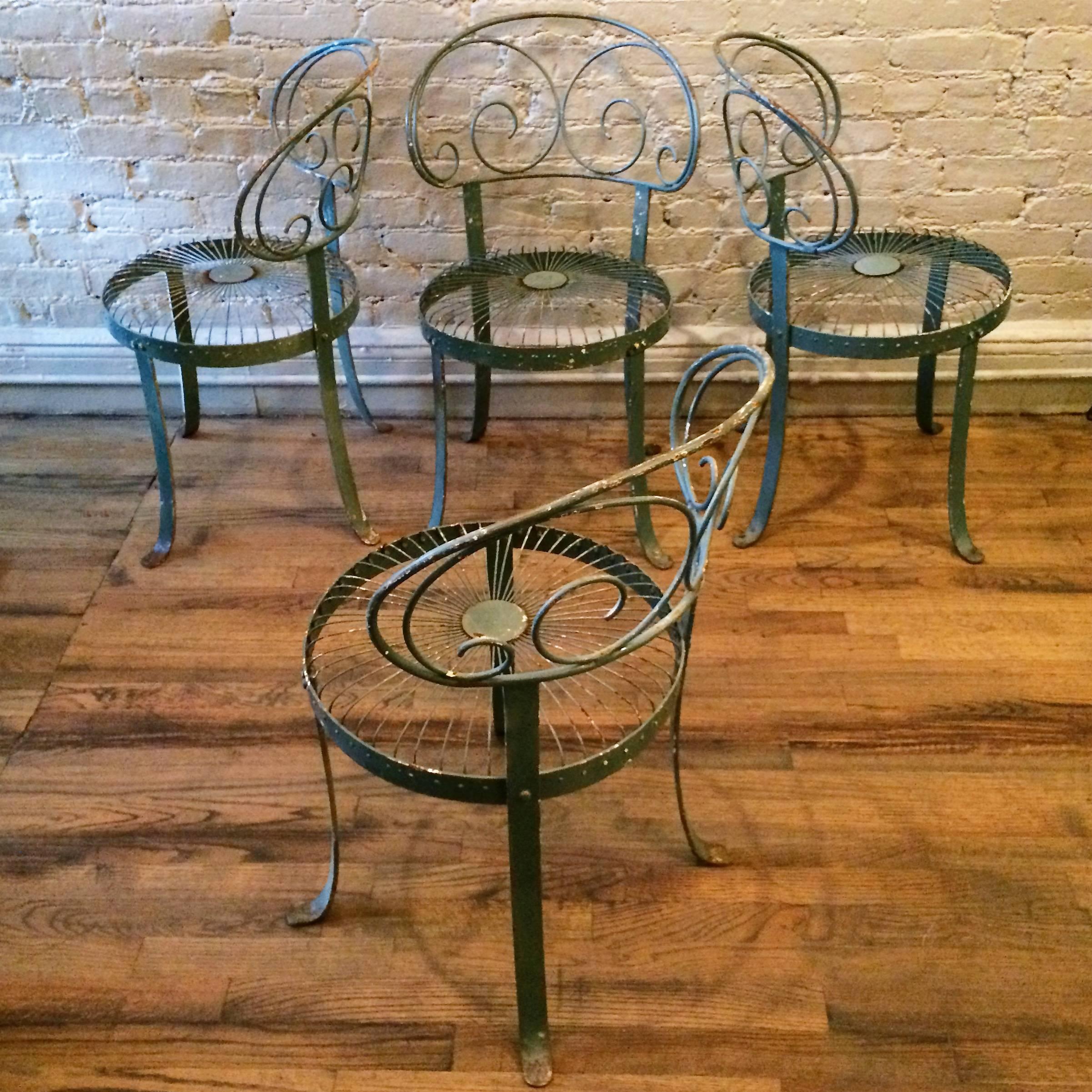 American Set of Green Wrought Iron Scroll-Back Garden Chairs