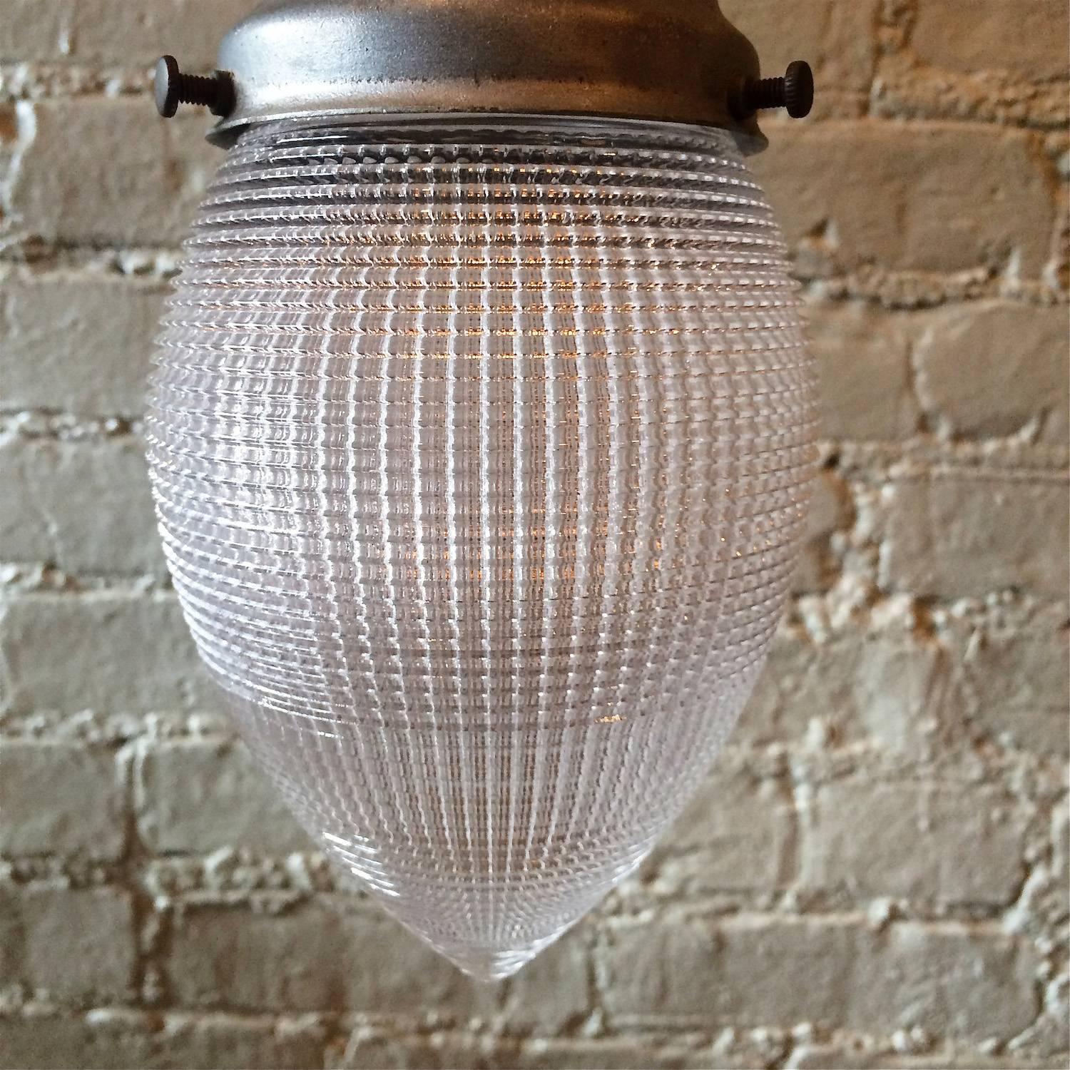 Early 20th Century Industrial Teardrop Holophane Glass Pendant Lights