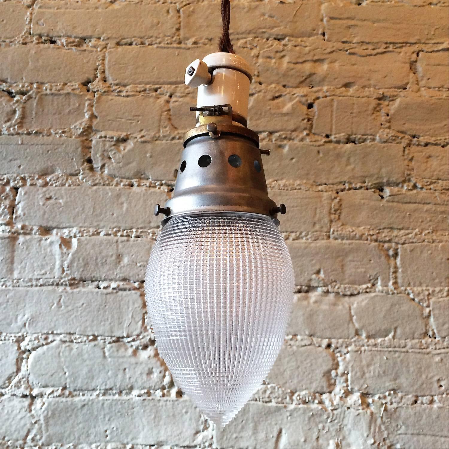 Industrial Teardrop Holophane Glass Pendant Lights In Good Condition In Brooklyn, NY